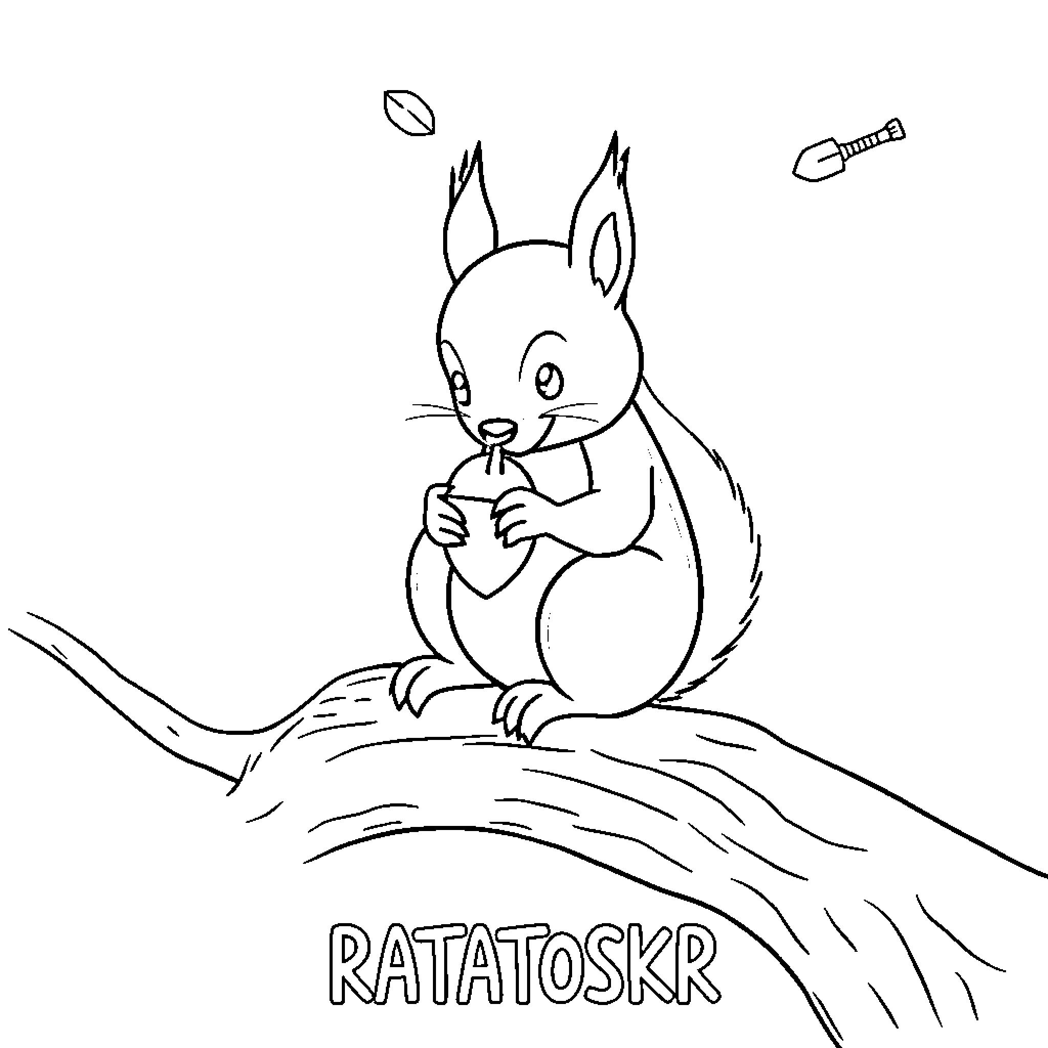 Squirrel eating a nut on the branch Coloring Page (free black-and-white line drawing printable PDF for all, from beginners to advanced learners, including children, teens, adults, and seniors)