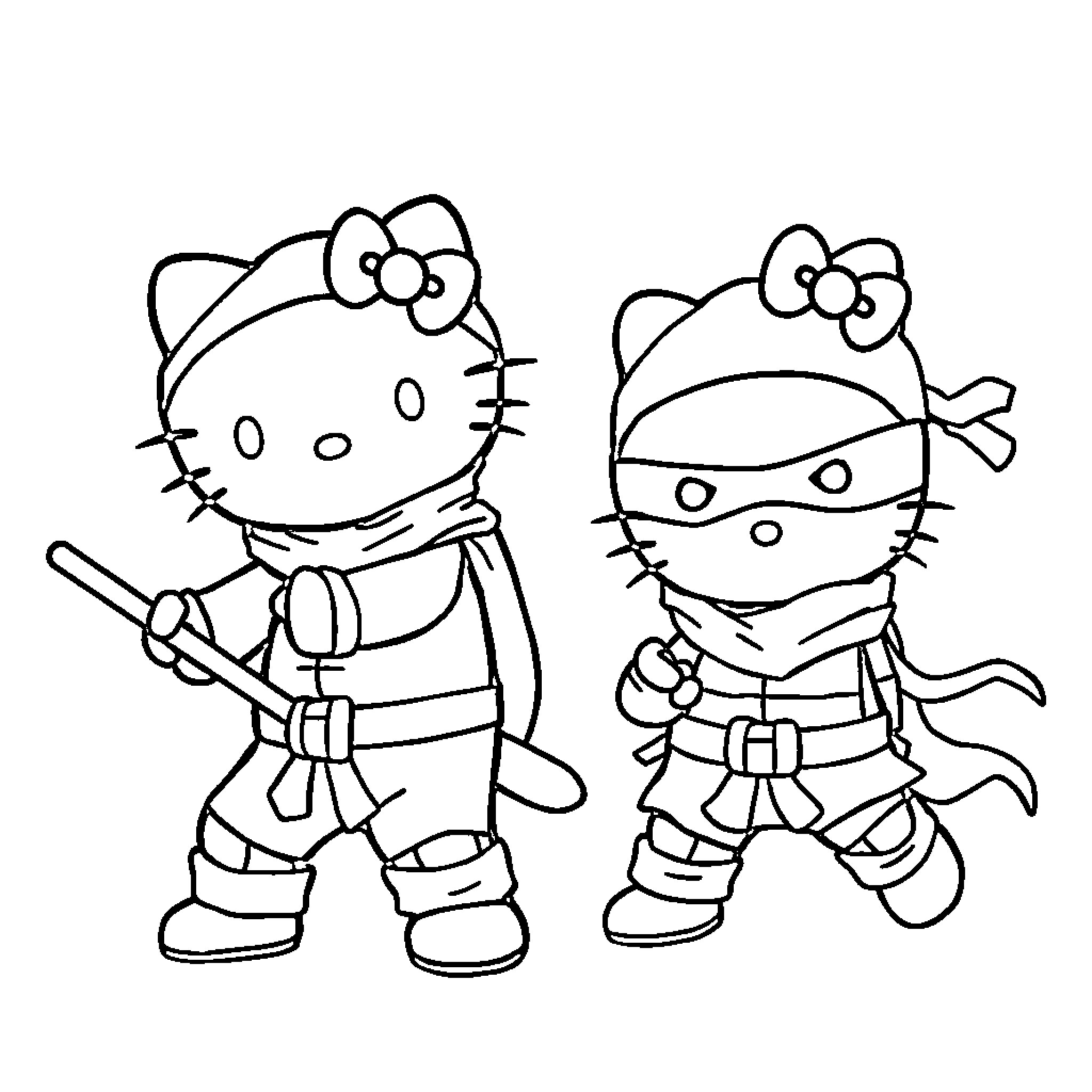 Hello Kitty Ninjas on a Mission Coloring Page (free black-and-white line drawing printable PDF for all, from beginners to advanced learners, including children, teens, adults, and seniors)
