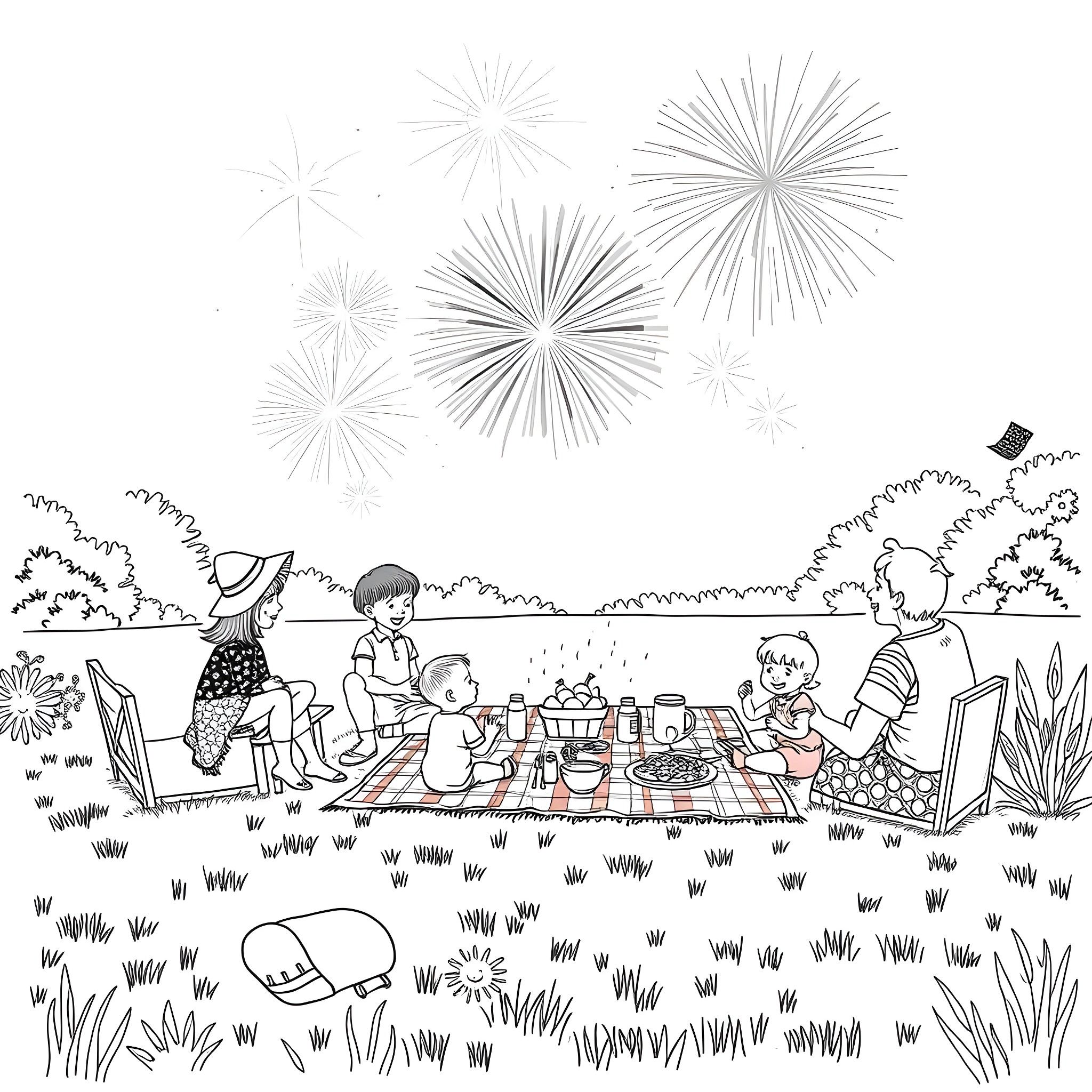 Fourth of July family picnic and fireworks celebration Coloring Page (free black-and-white line drawing printable PDF for all, from beginners to advanced learners, including children, teens, adults, and seniors)
