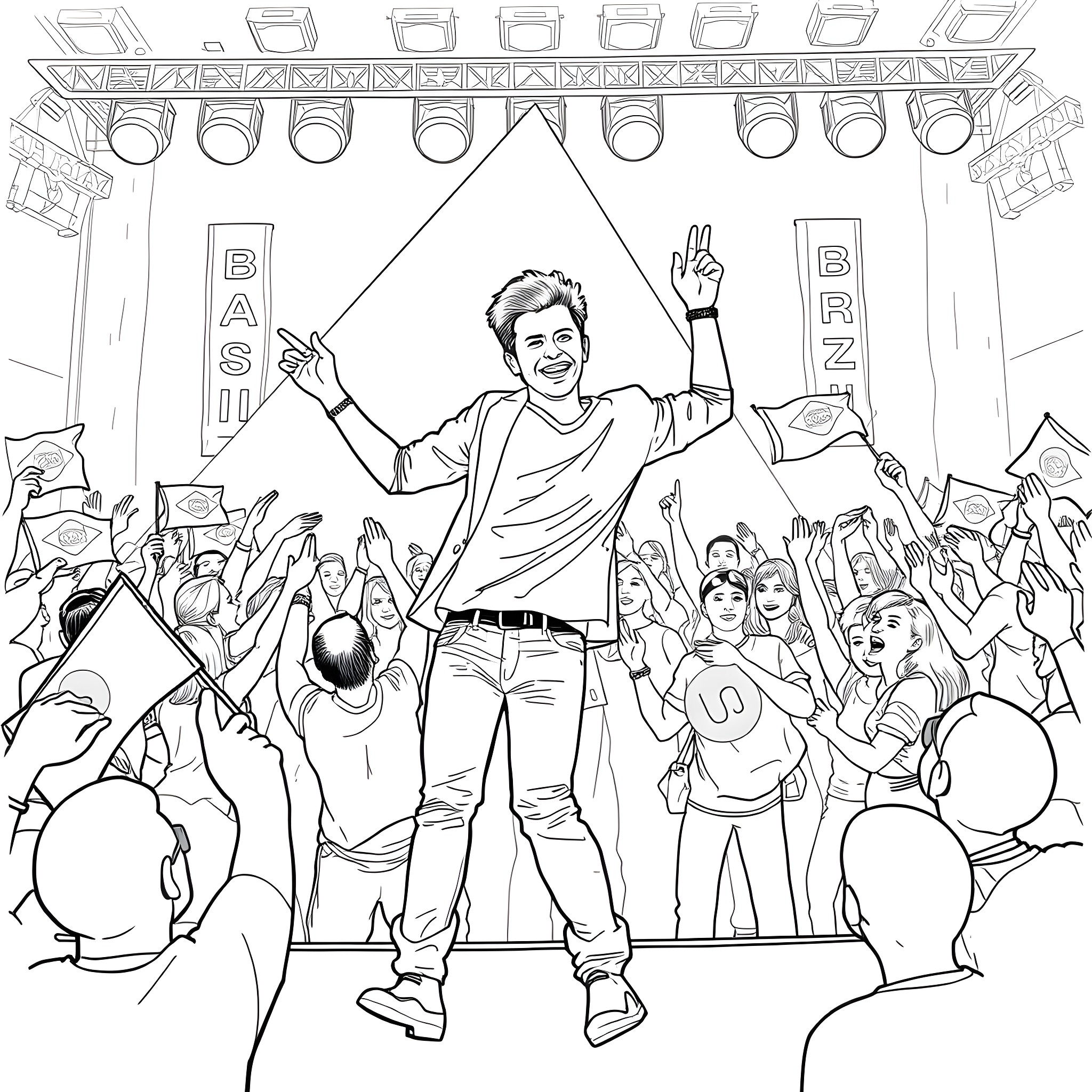 Bruno Mars Performing Energetically on Stage Coloring Page (free black-and-white line drawing printable PDF for all, from beginners to advanced learners, including children, teens, adults, and seniors)