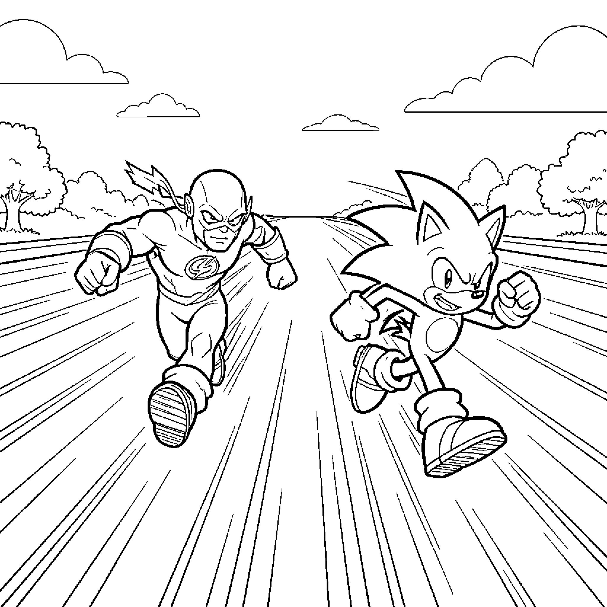 Flash and Sonic racing fast down a path Coloring Page (free black-and-white line drawing printable PDF for all, from beginners to advanced learners, including children, teens, adults, and seniors)