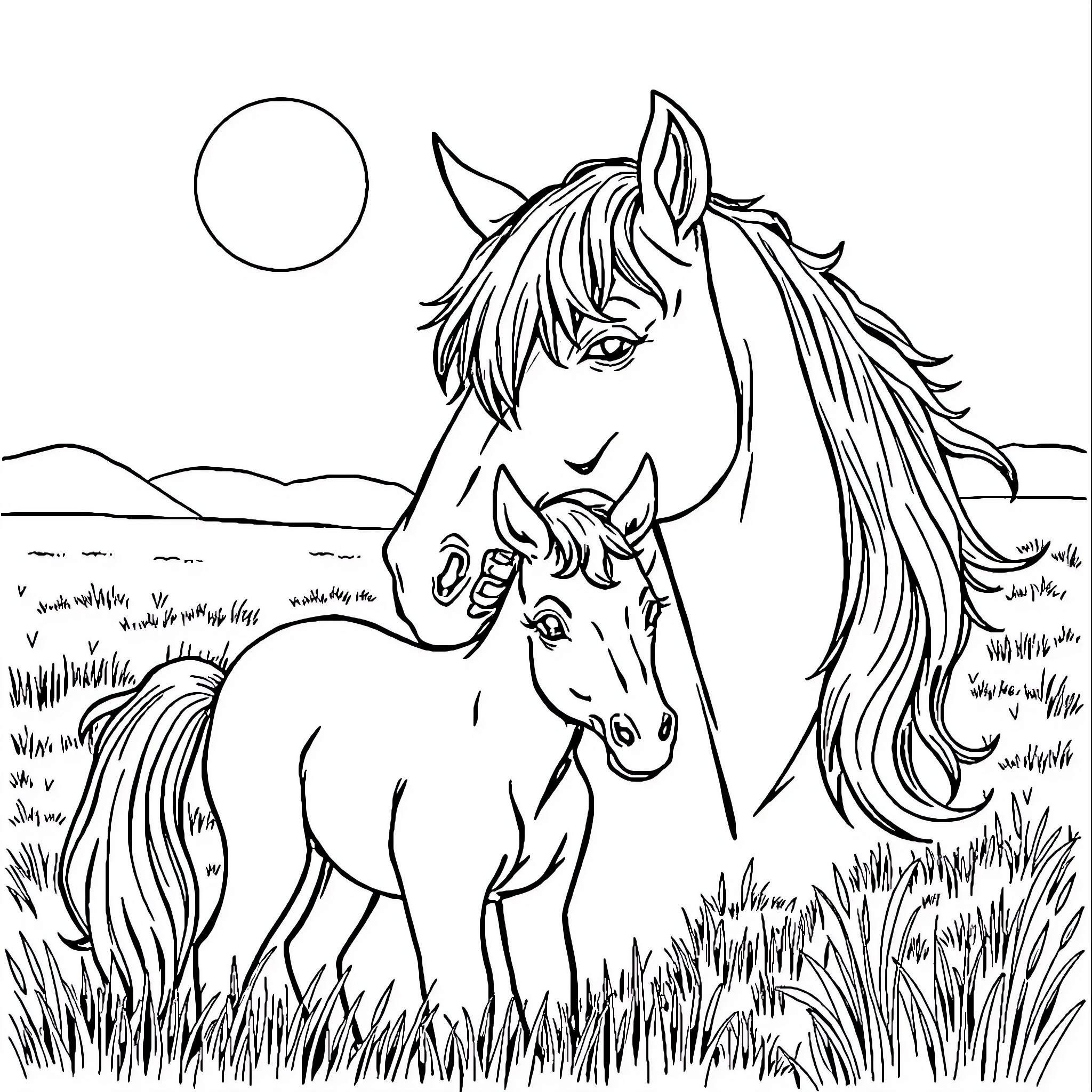 Horse and Foal in Tranquil Meadow Coloring Page (free black-and-white line drawing printable PDF for all, from beginners to advanced learners, including children, teens, adults, and seniors)