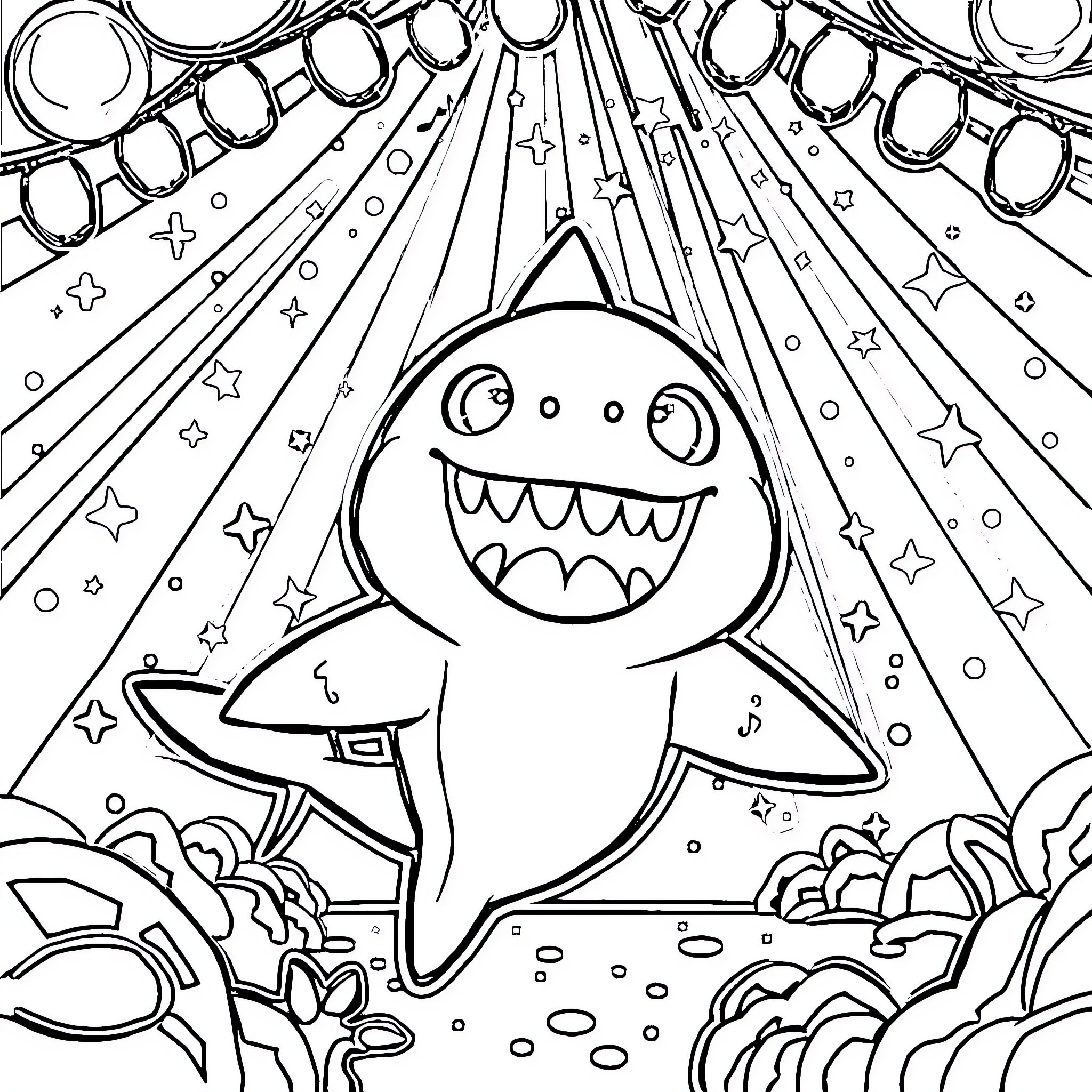 Shark swimming in the starry night Coloring Page (free black-and-white line drawing printable PDF for all, from beginners to advanced learners, including children, teens, adults, and seniors)