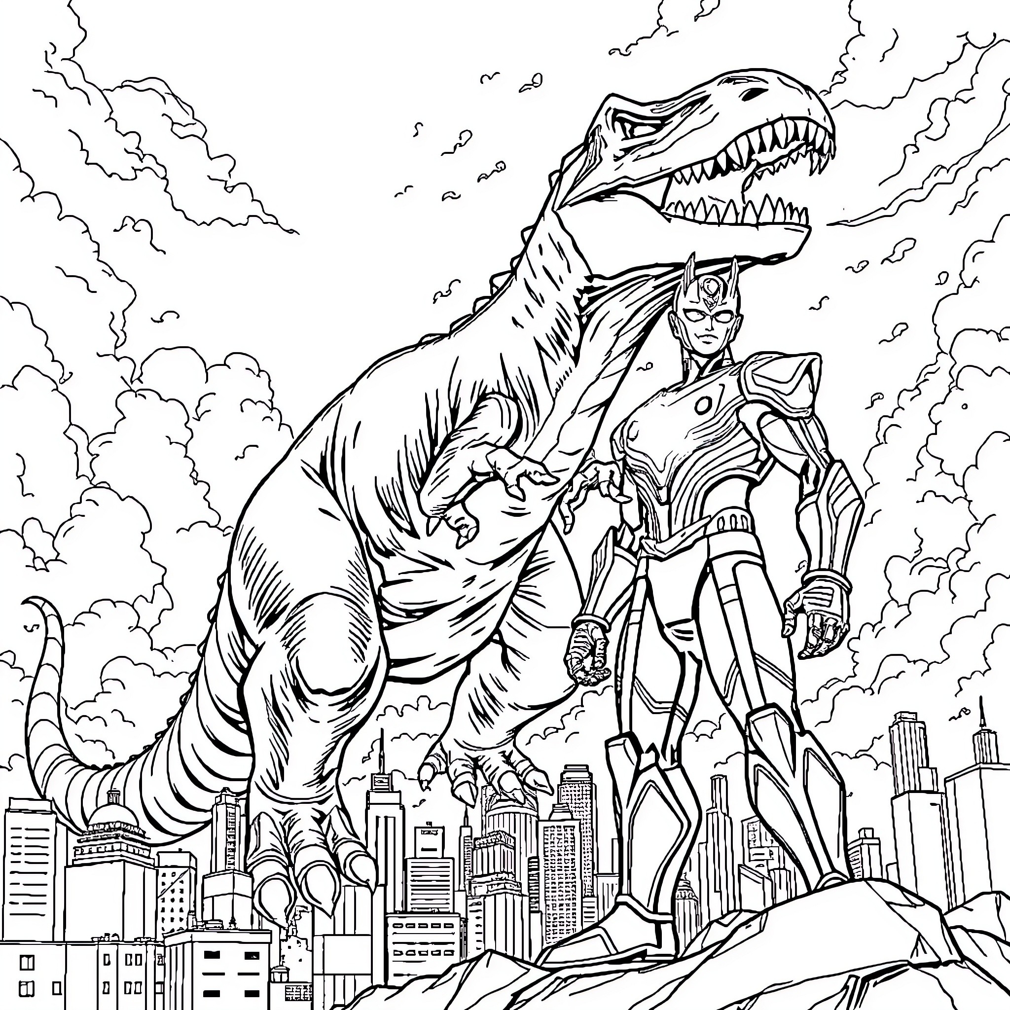Dinosaur monster attacks futuristic city Coloring Page (free black-and-white line drawing printable PDF for all, from beginners to advanced learners, including children, teens, adults, and seniors)