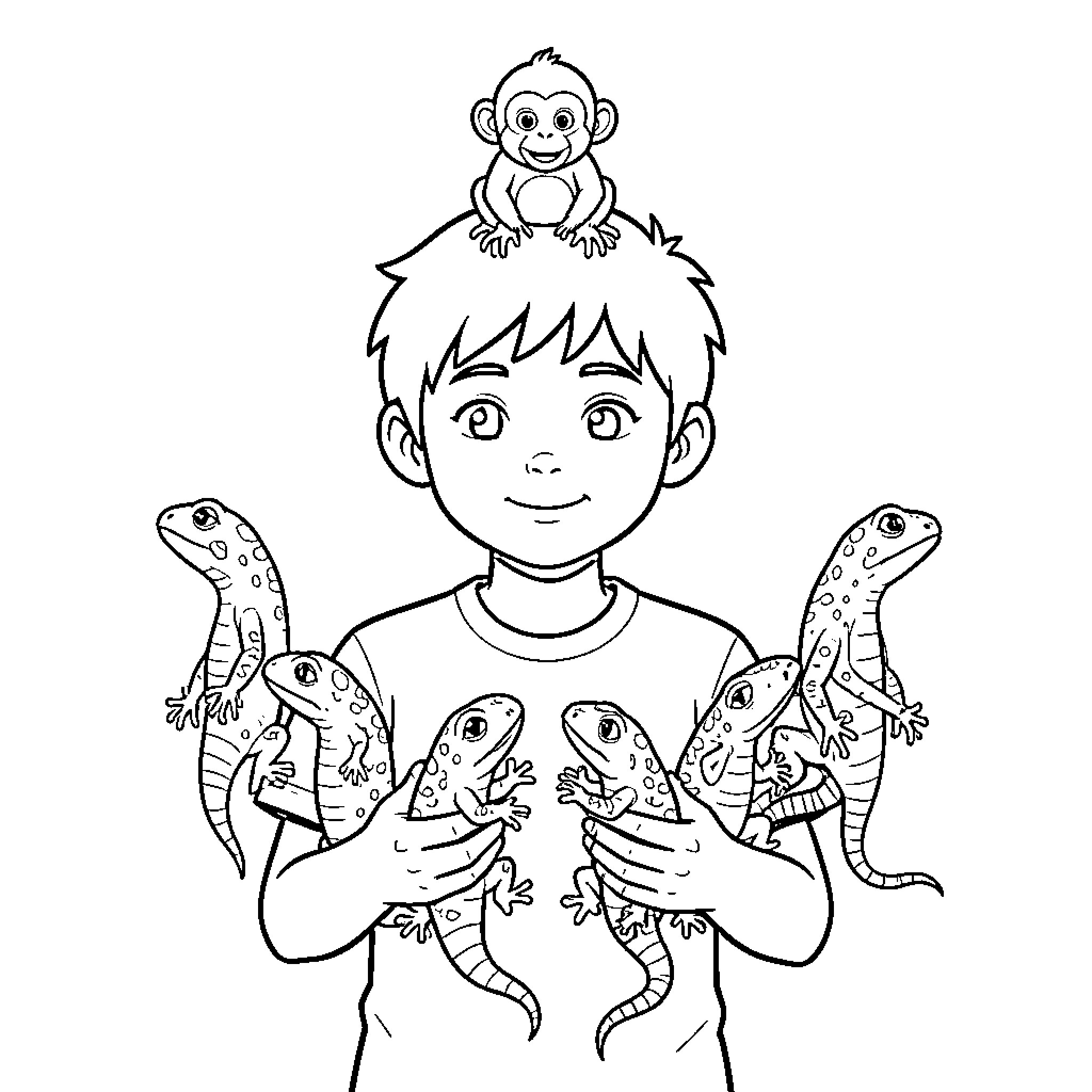 Boy smiling while holding lizards with a monkey on top Coloring Page (free black-and-white line drawing printable PDF for all, from beginners to advanced learners, including children, teens, adults, and seniors)