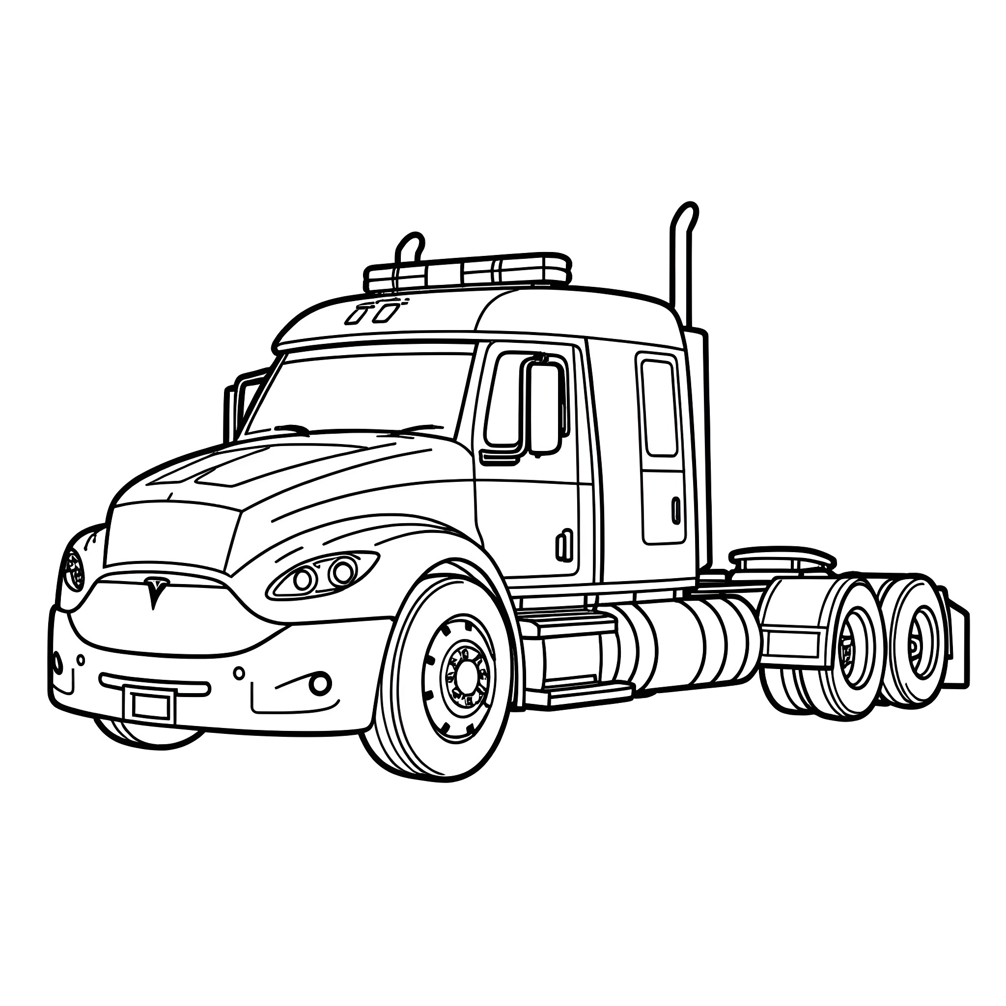 Tesla semi-truck with equipment and accessories Coloring Page (free black-and-white line drawing printable PDF for all, from beginners to advanced learners, including children, teens, adults, and seniors)