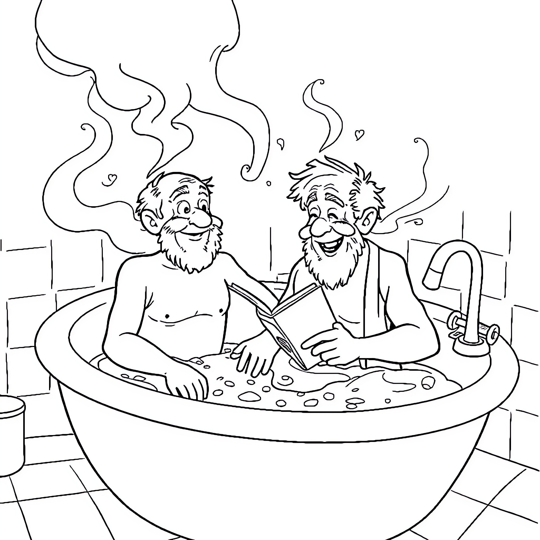 Men relaxing happily in a bubbly hot tub Coloring Page (free black-and-white line drawing printable PDF for all, from beginners to advanced learners, including children, teens, adults, and seniors)