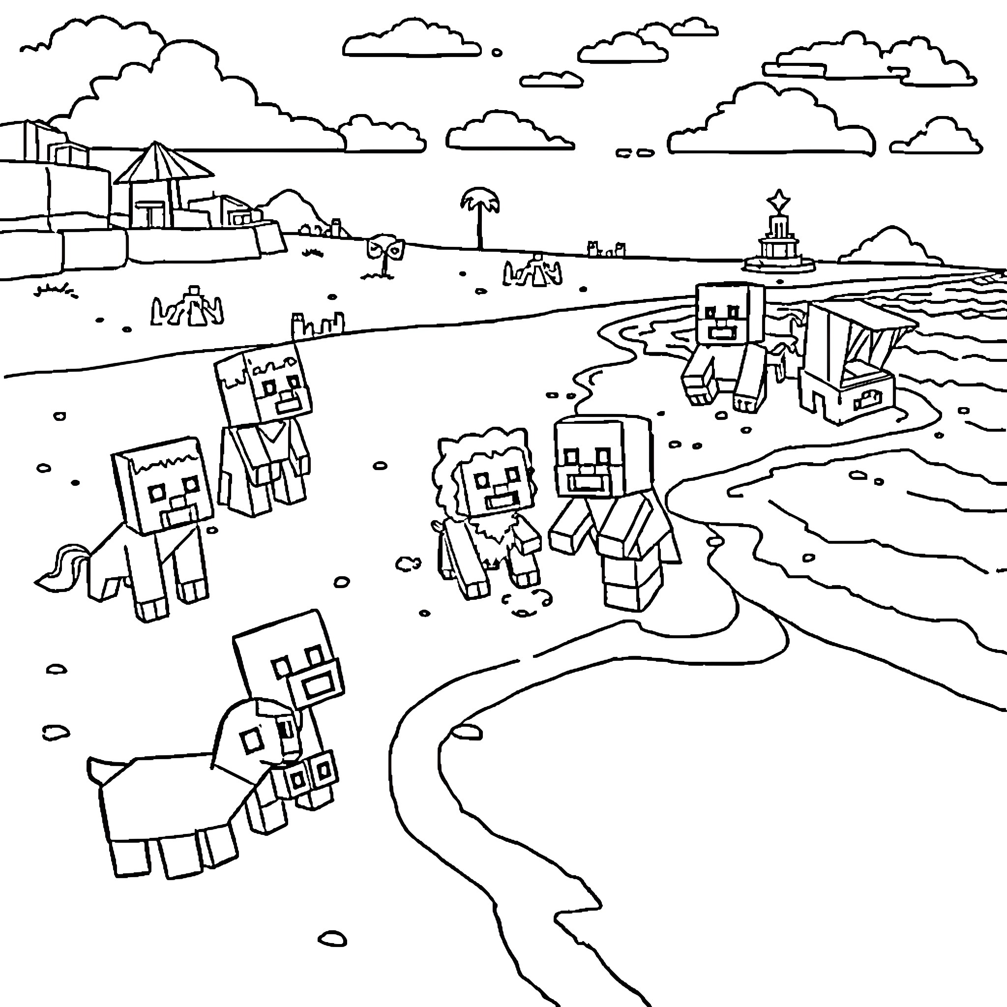Animal characters exploring a coastal landscape Coloring Page (free black-and-white line drawing printable PDF for all, from beginners to advanced learners, including children, teens, adults, and seniors)