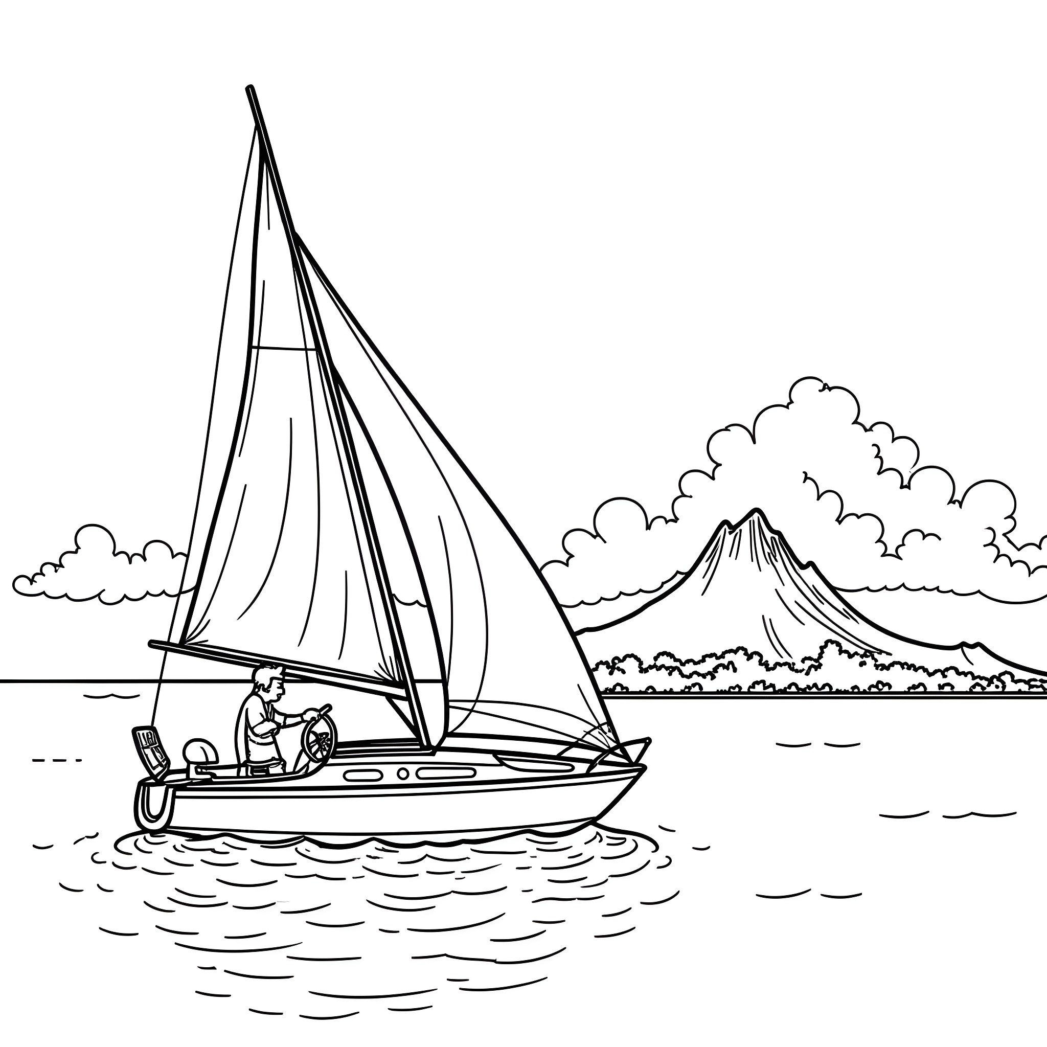 Sailboat sailing on a scenic lake Coloring Page (free black-and-white line drawing printable PDF for all, from beginners to advanced learners, including children, teens, adults, and seniors)