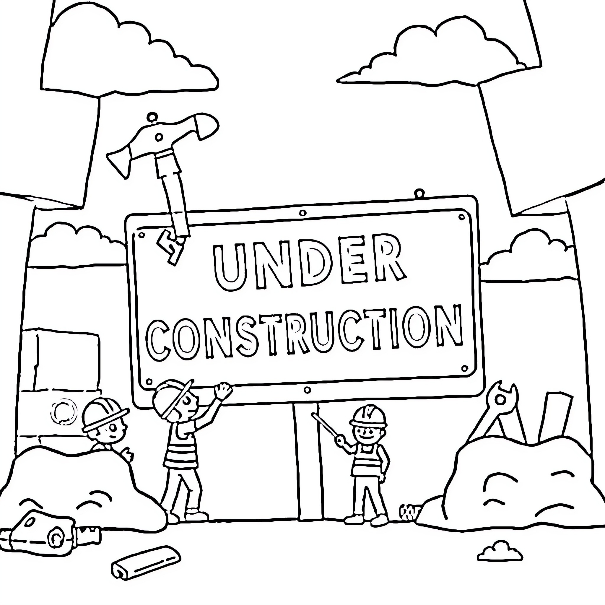 Construction Zone with Workers and Equipment Coloring Page (free black-and-white line drawing printable PDF for all, from beginners to advanced learners, including children, teens, adults, and seniors)