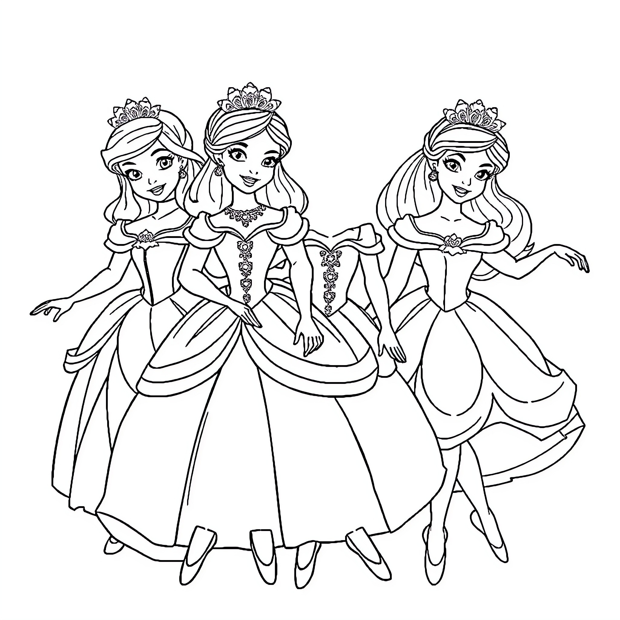 Princess Trio in Elegant Gowns and Crowns Coloring Page (free black-and-white line drawing printable PDF for all, from beginners to advanced learners, including children, teens, adults, and seniors)