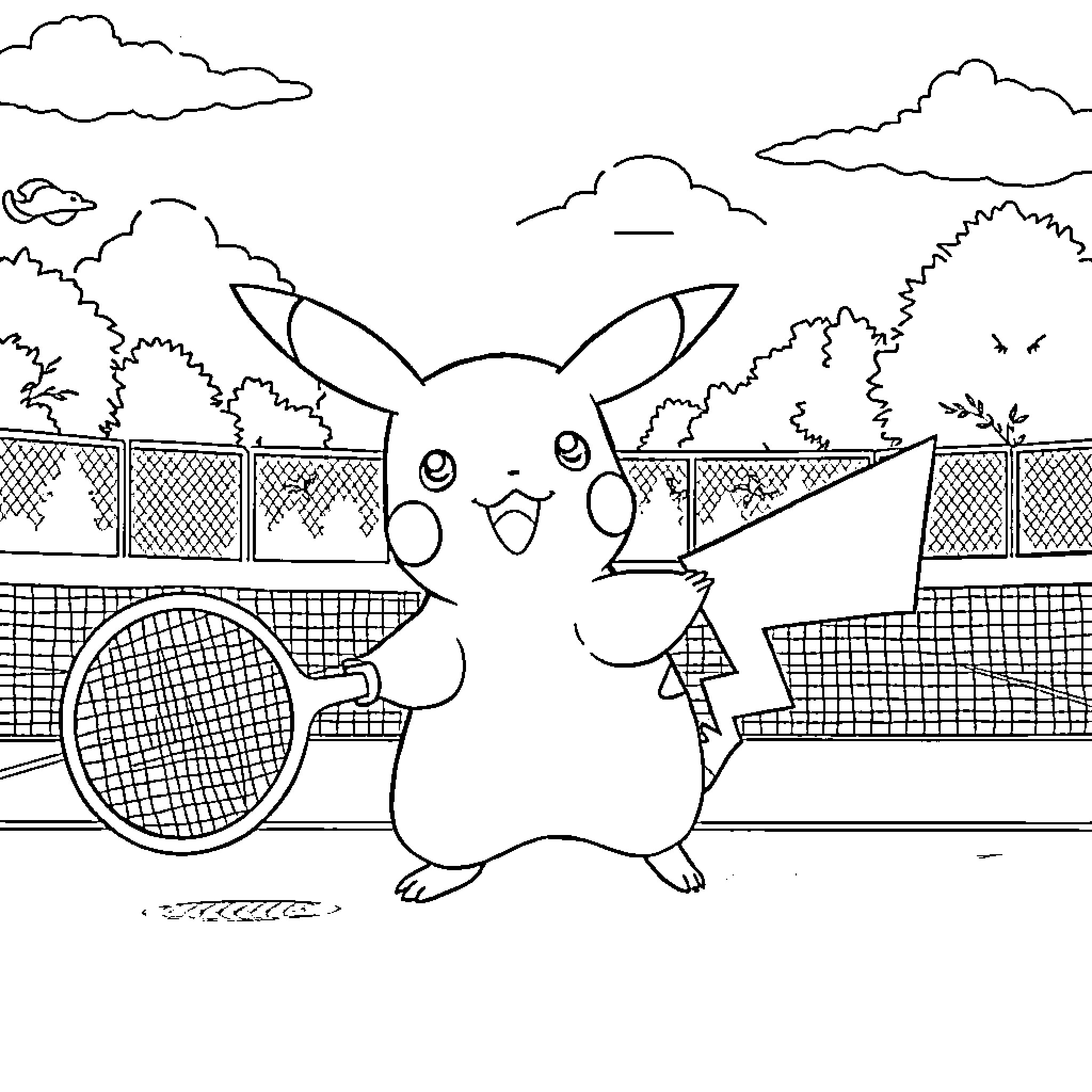 Pikachu playing tennis on the court Coloring Page (free black-and-white line drawing printable PDF for all, from beginners to advanced learners, including children, teens, adults, and seniors)