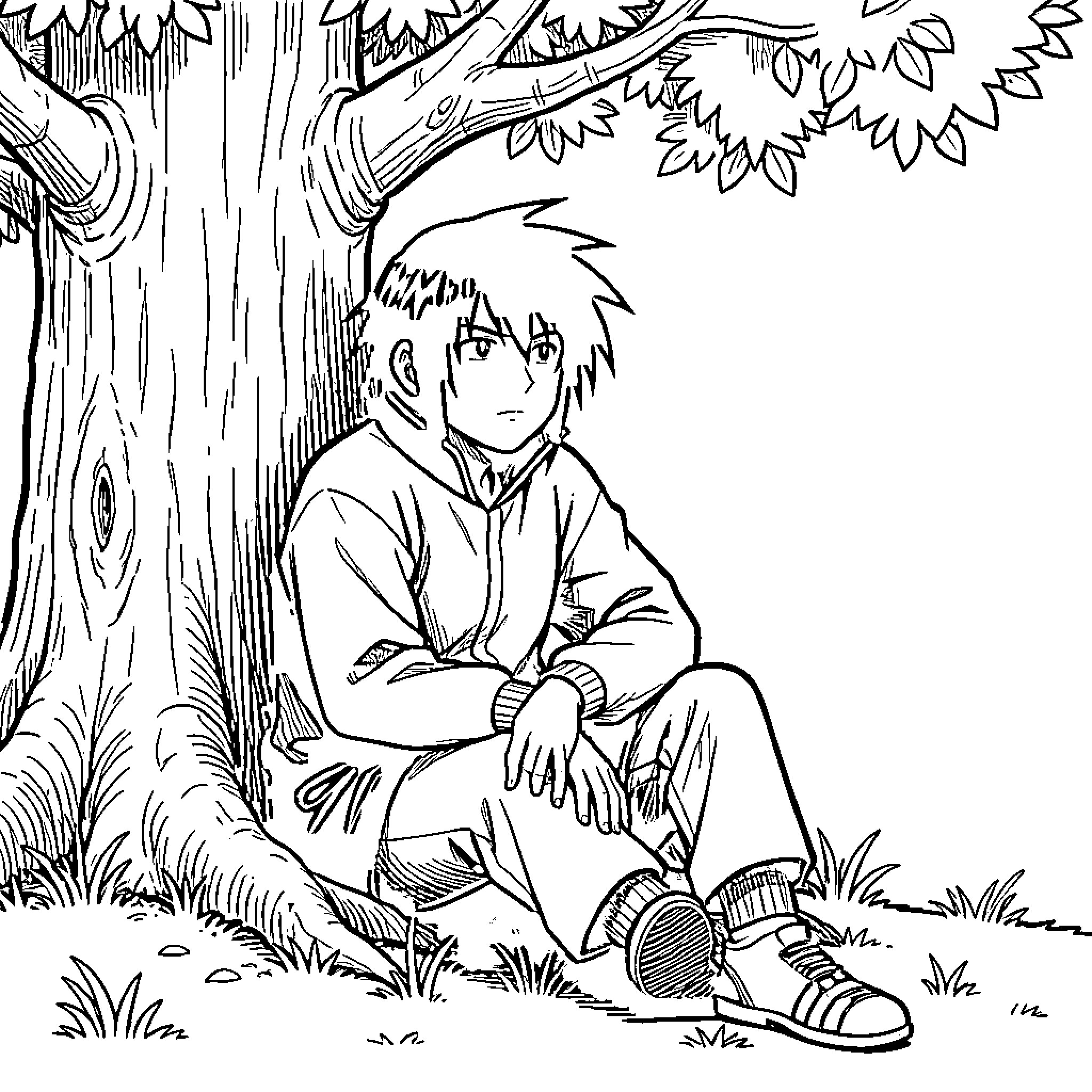 Shikamaru resting peacefully in the forest Coloring Page (free black-and-white line drawing printable PDF for all, from beginners to advanced learners, including children, teens, adults, and seniors)