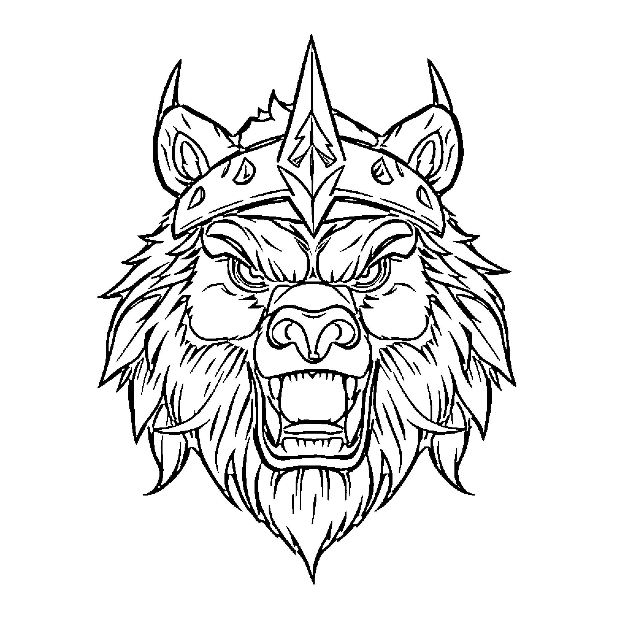 Viking Bear with Fierce Expression and Ornamental Crown Coloring Page (free black-and-white line drawing printable PDF for all, from beginners to advanced learners, including children, teens, adults, and seniors)