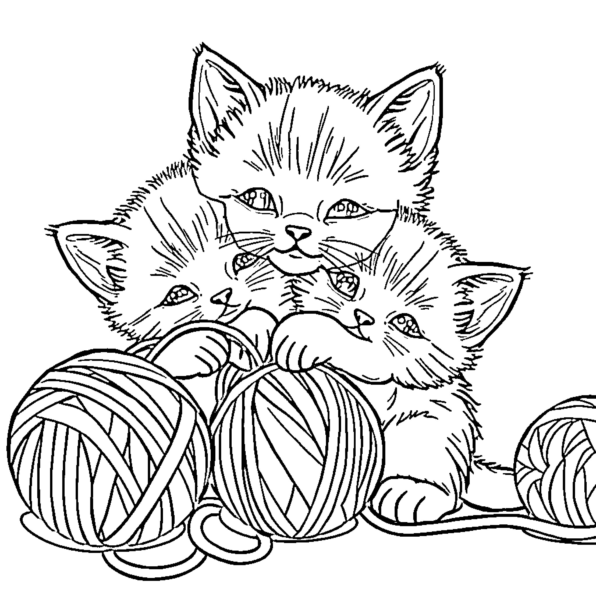 Kitten playing with yarn balls Coloring Page (free black-and-white line drawing printable PDF for all, from beginners to advanced learners, including children, teens, adults, and seniors)