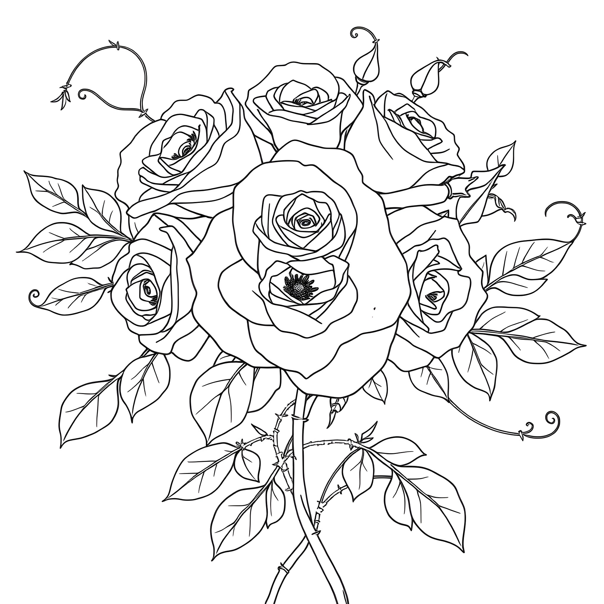 Rose Bouquet with Elegant Floral Arrangements Coloring Page (free black-and-white line drawing printable PDF for all, from beginners to advanced learners, including children, teens, adults, and seniors)