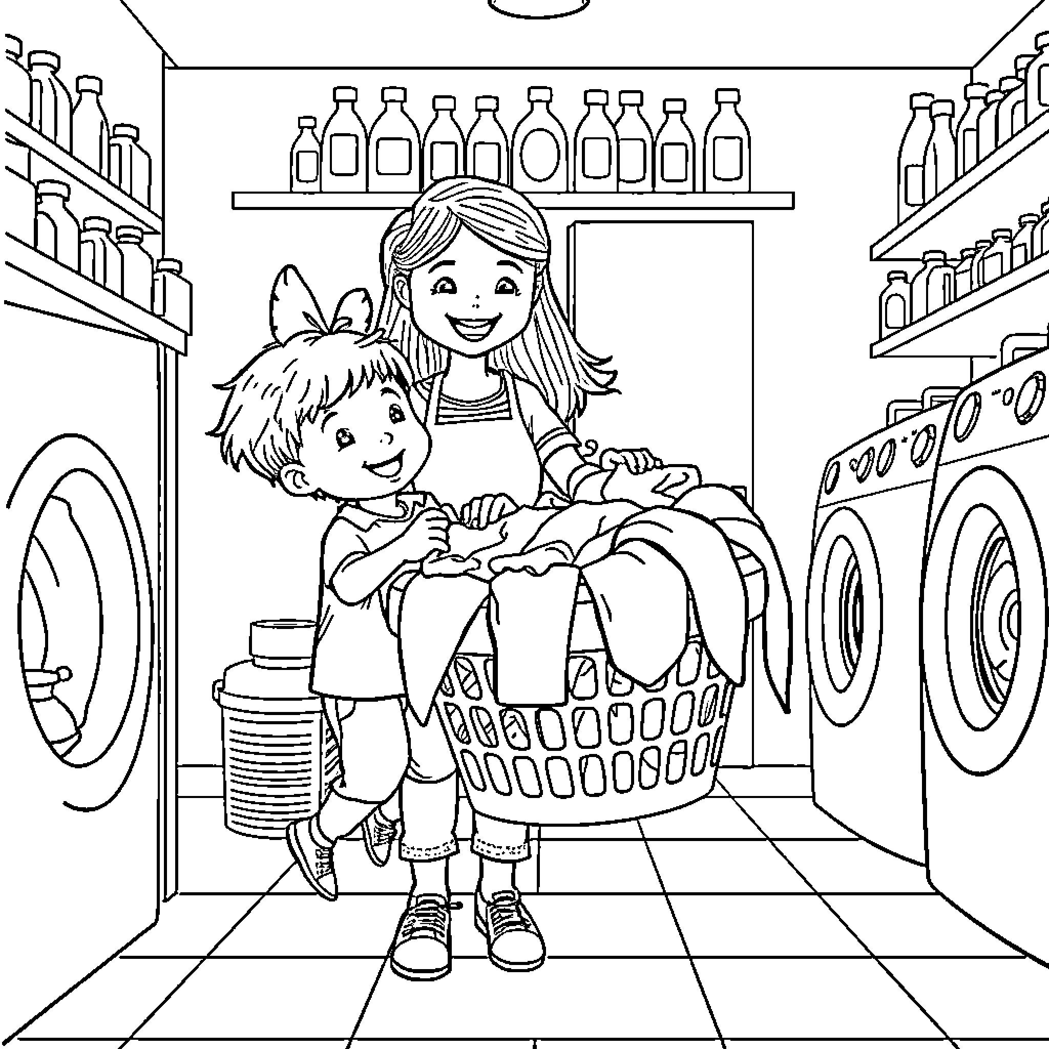 Child helping another child with laundry in a laundromat Coloring Page (free black-and-white line drawing printable PDF for all, from beginners to advanced learners, including children, teens, adults, and seniors)