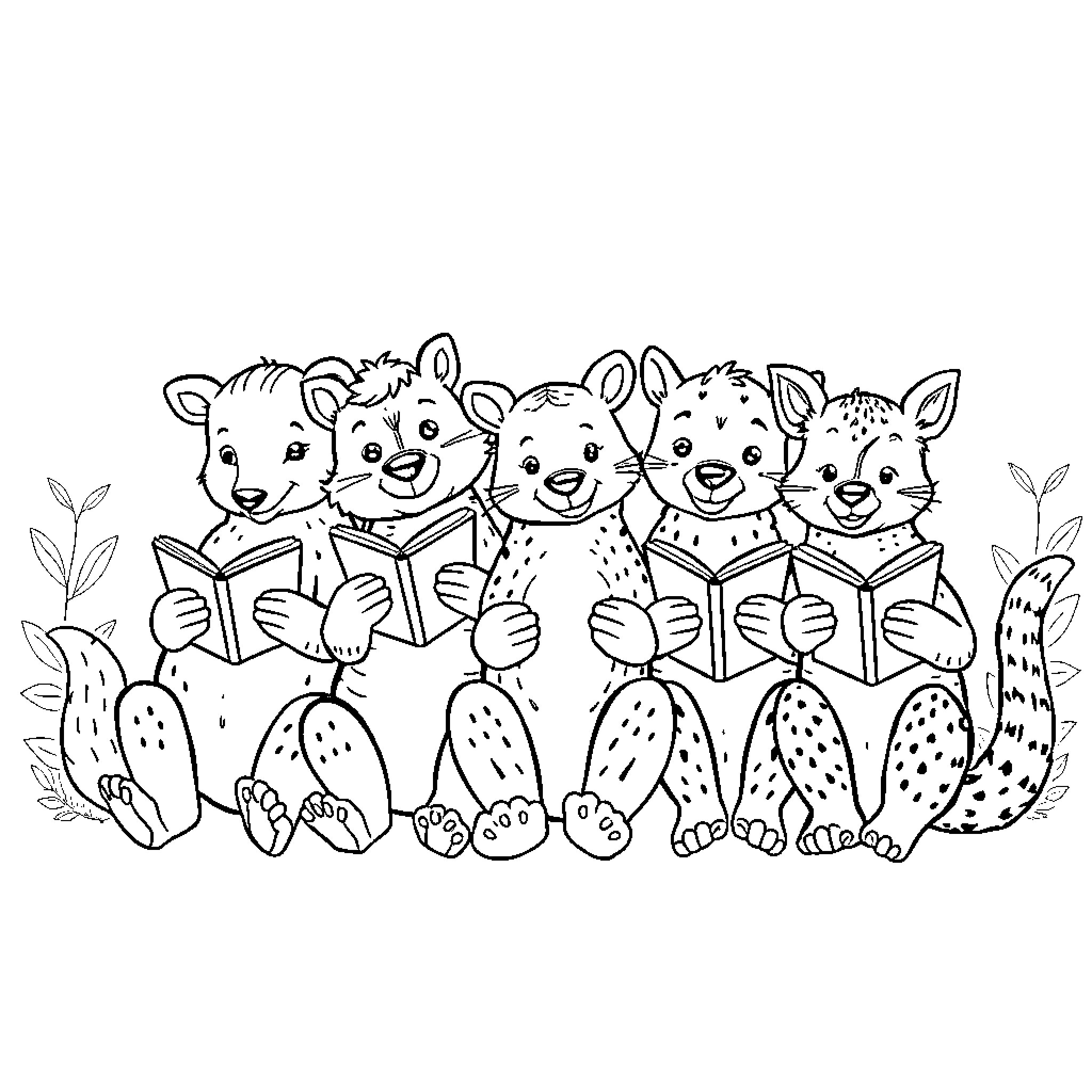 Animal Choir Singing and Reading Books Coloring Page (free black-and-white line drawing printable PDF for all, from beginners to advanced learners, including children, teens, adults, and seniors)