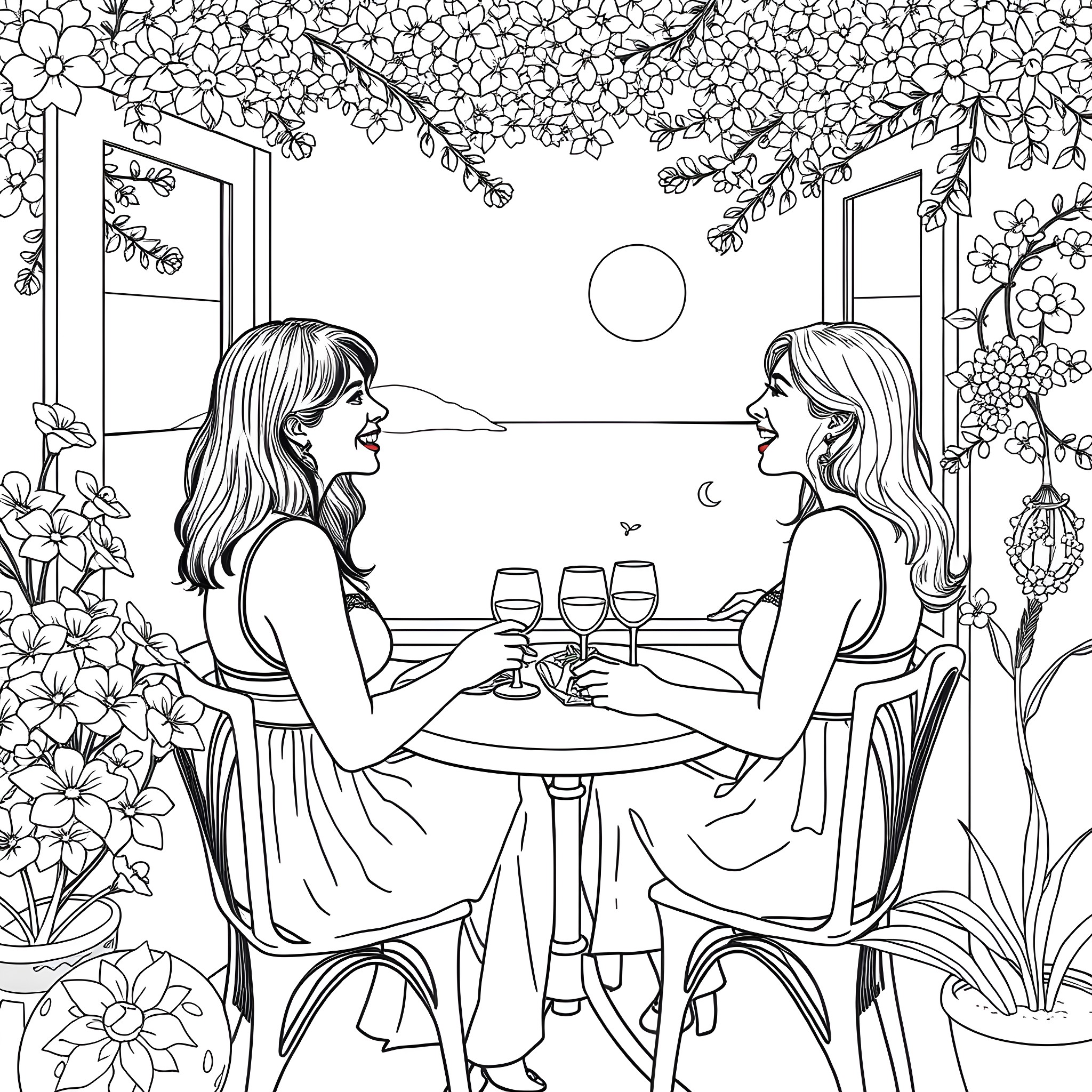 Lesbian Couple Enjoying a Romantic Dinner under Floral Canopy Coloring Page (free black-and-white line drawing printable PDF for all, from beginners to advanced learners, including children, teens, adults, and seniors)