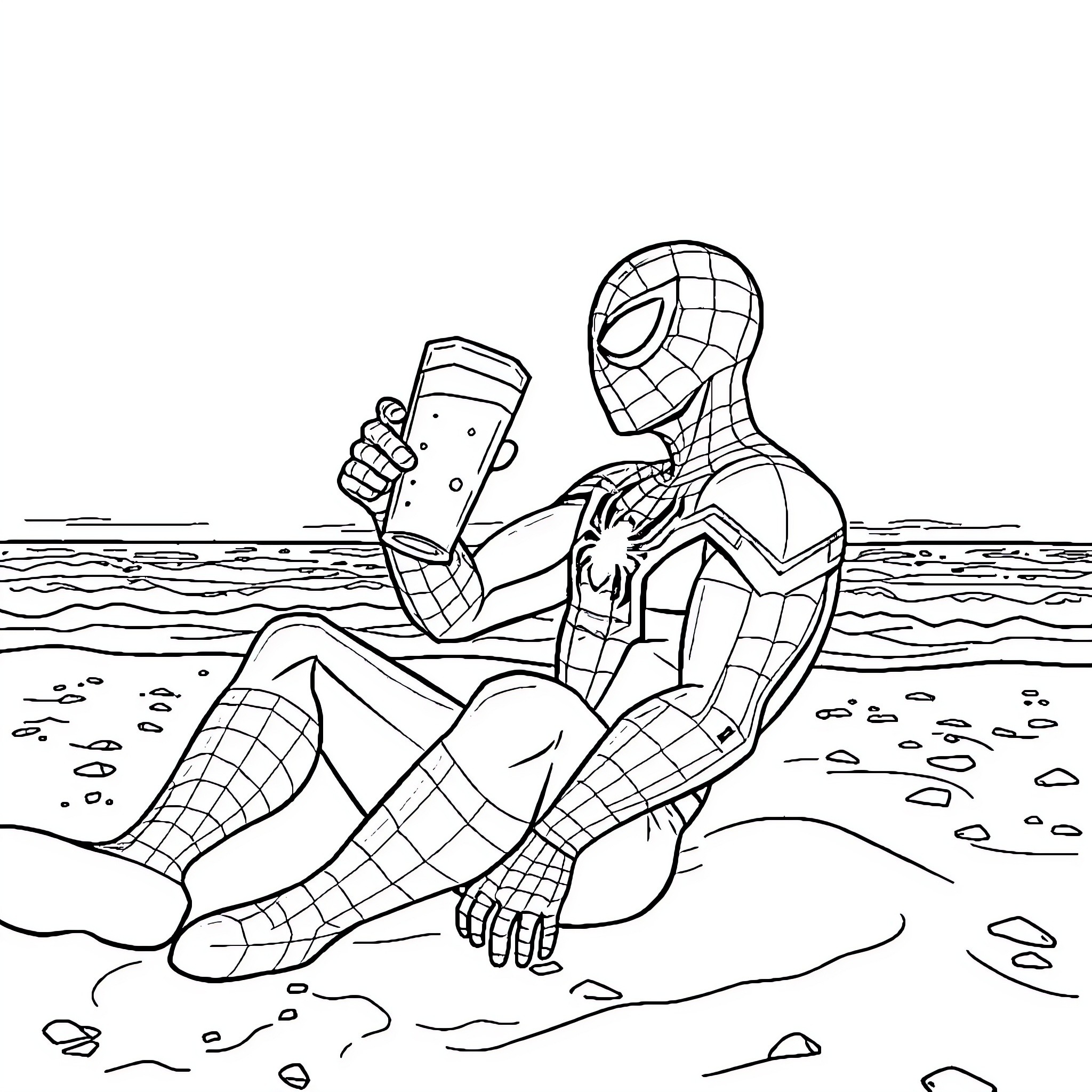 Spiderman resting on the beach Coloring Page (free black-and-white line drawing printable PDF for all, from beginners to advanced learners, including children, teens, adults, and seniors)