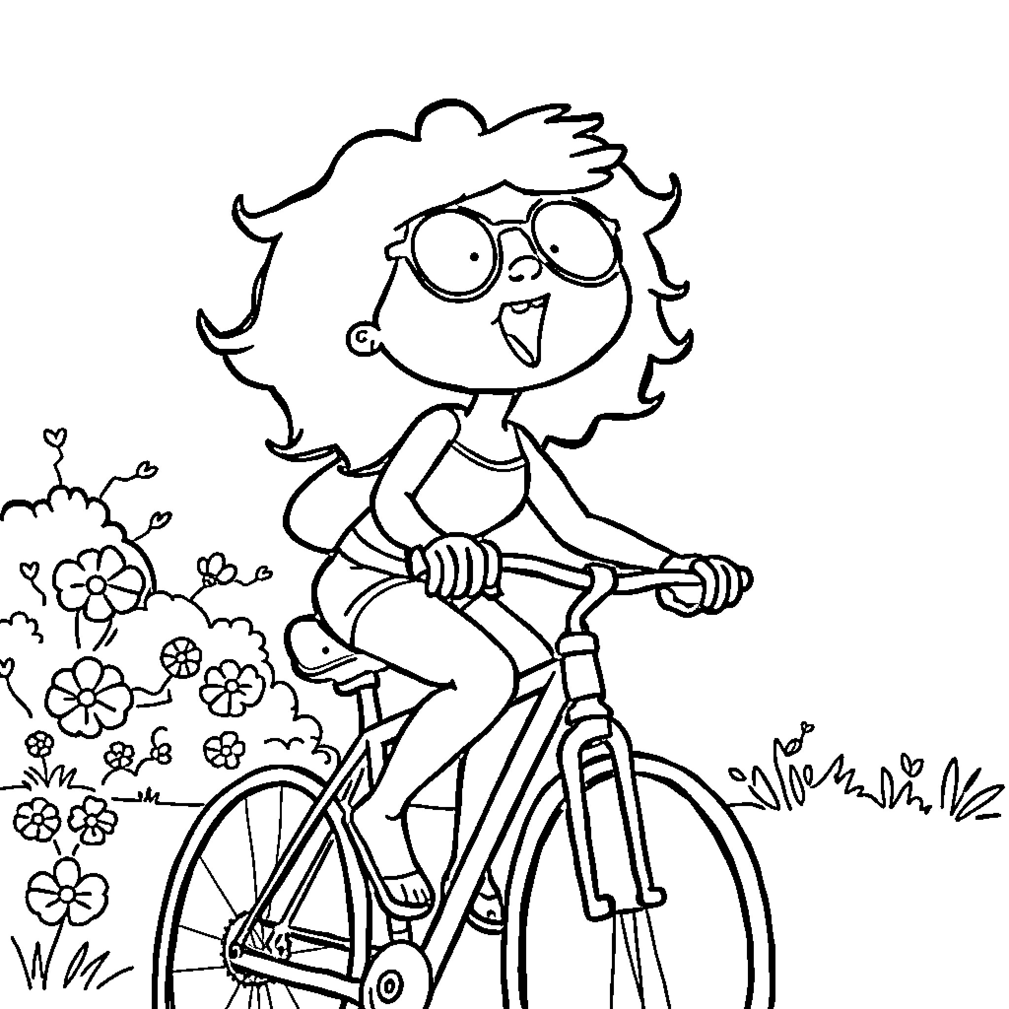 Bici Riding Joyfully Through Flowery Meadow Coloring Page (free black-and-white line drawing printable PDF for all, from beginners to advanced learners, including children, teens, adults, and seniors)