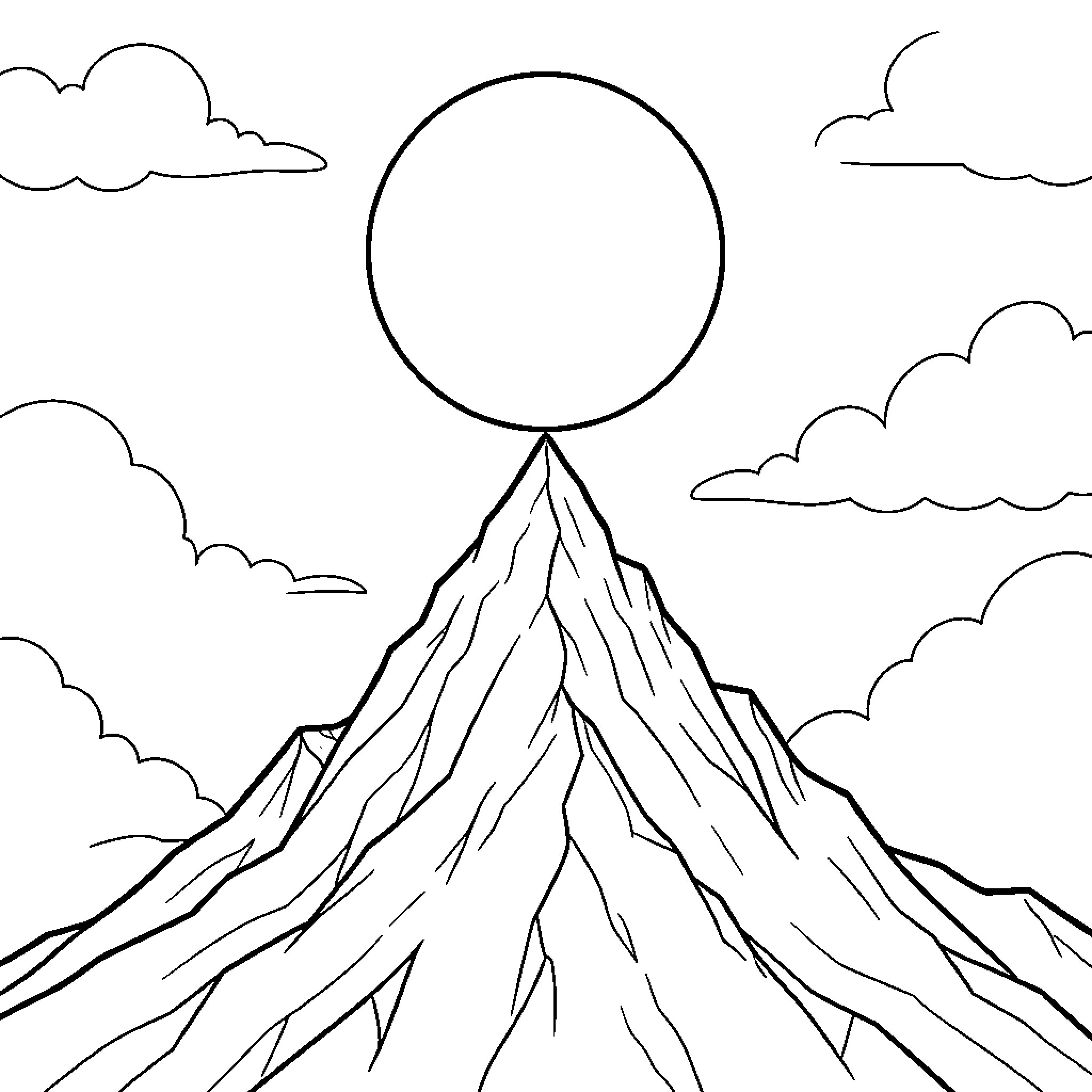 Lune watching the sun rise over a mountain Coloring Page (free black-and-white line drawing printable PDF for all, from beginners to advanced learners, including children, teens, adults, and seniors)