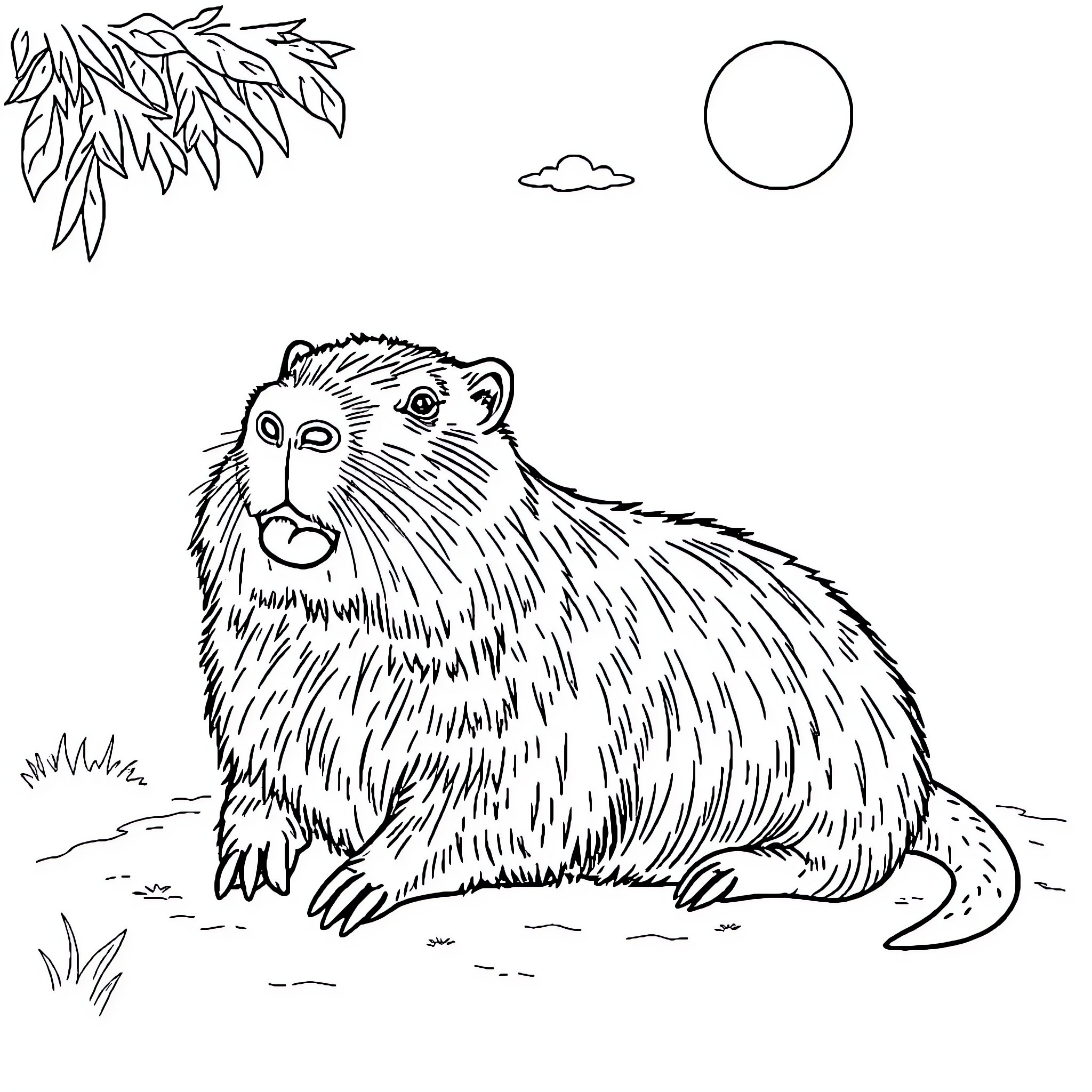Capybara sitting peacefully in natural environment Coloring Page (free black-and-white line drawing printable PDF for all, from beginners to advanced learners, including children, teens, adults, and seniors)