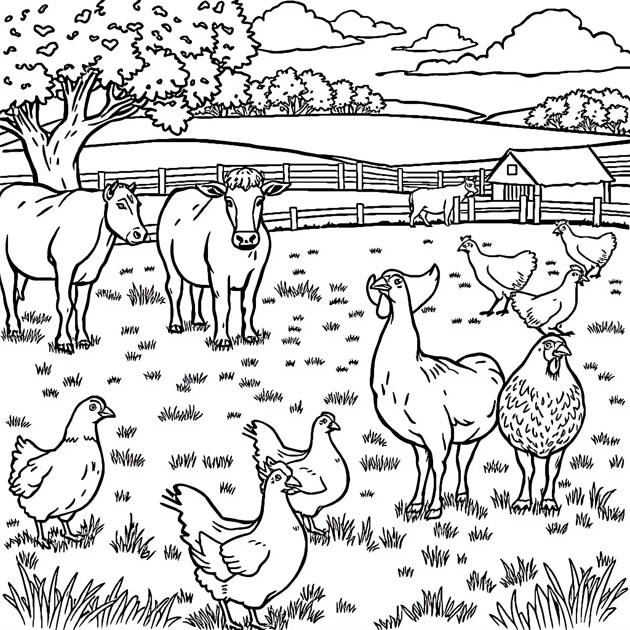Farm Animal Farmyard Scene with Variety of Livestock Coloring Page (free black-and-white line drawing printable PDF for all, from beginners to advanced learners, including children, teens, adults, and seniors)