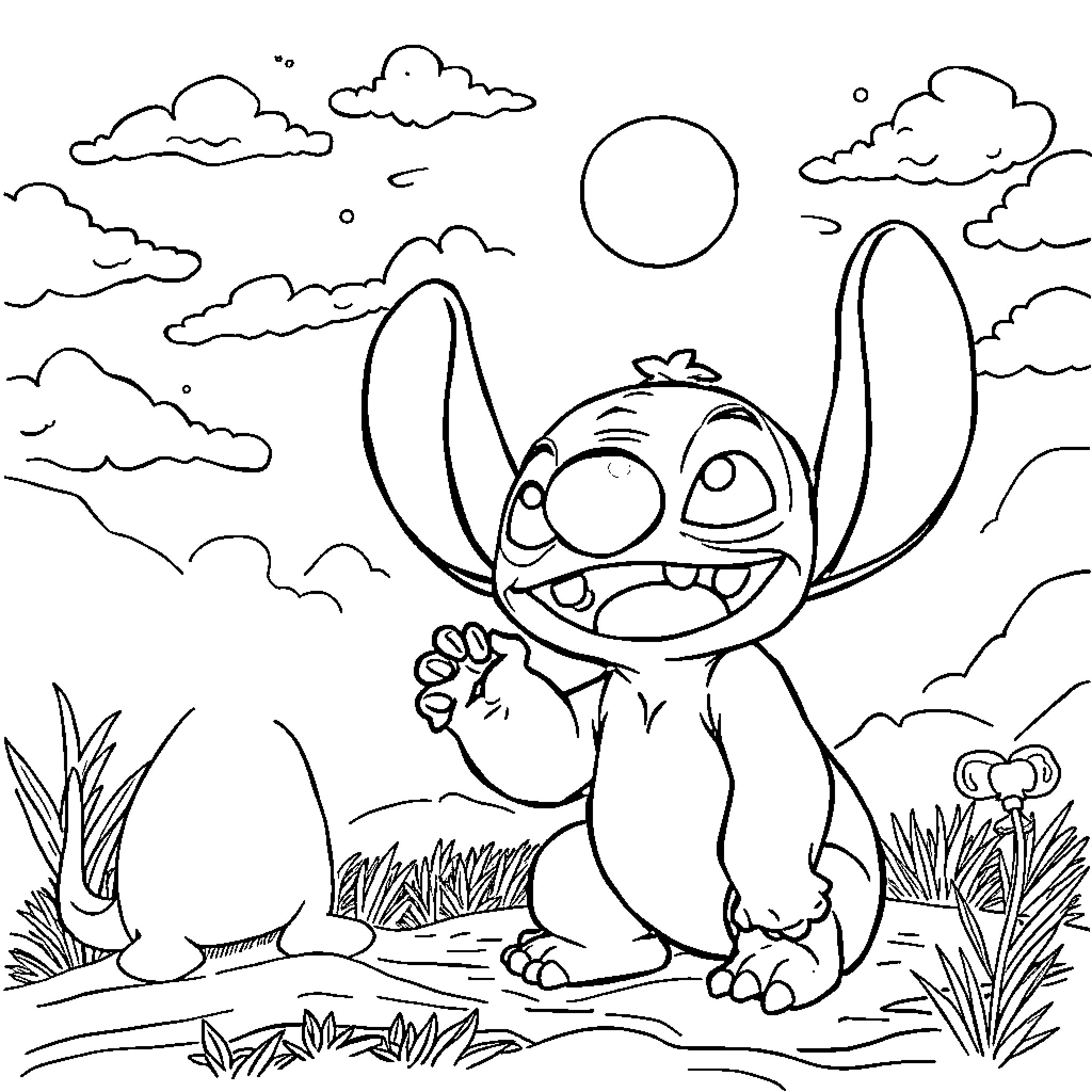 Labubu's Playful Adventure in the Enchanting Landscape Coloring Page (free black-and-white line drawing printable PDF for all, from beginners to advanced learners, including children, teens, adults, and seniors)