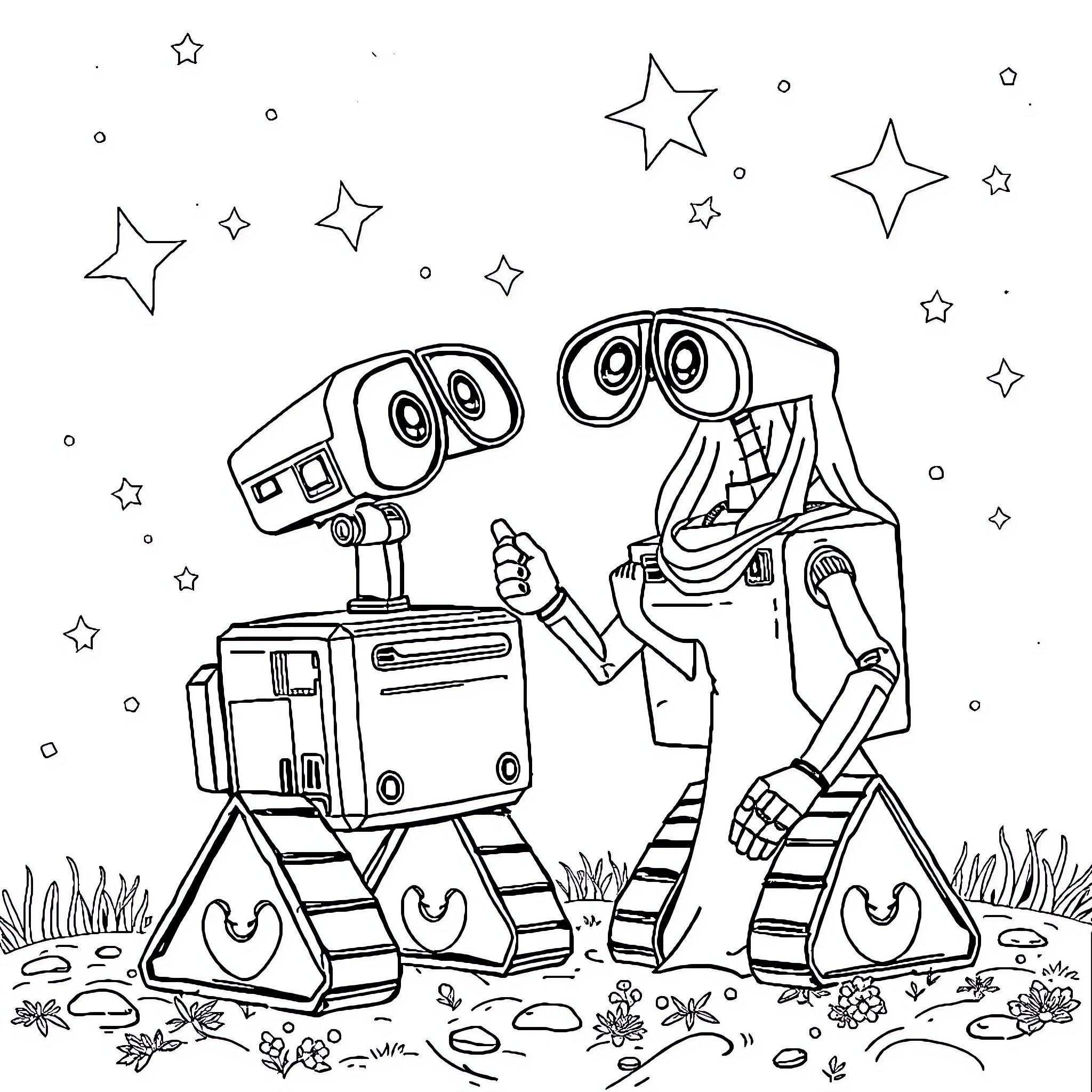 Walle Eve exploring the starry night Coloring Page (free black-and-white line drawing printable PDF for all, from beginners to advanced learners, including children, teens, adults, and seniors)