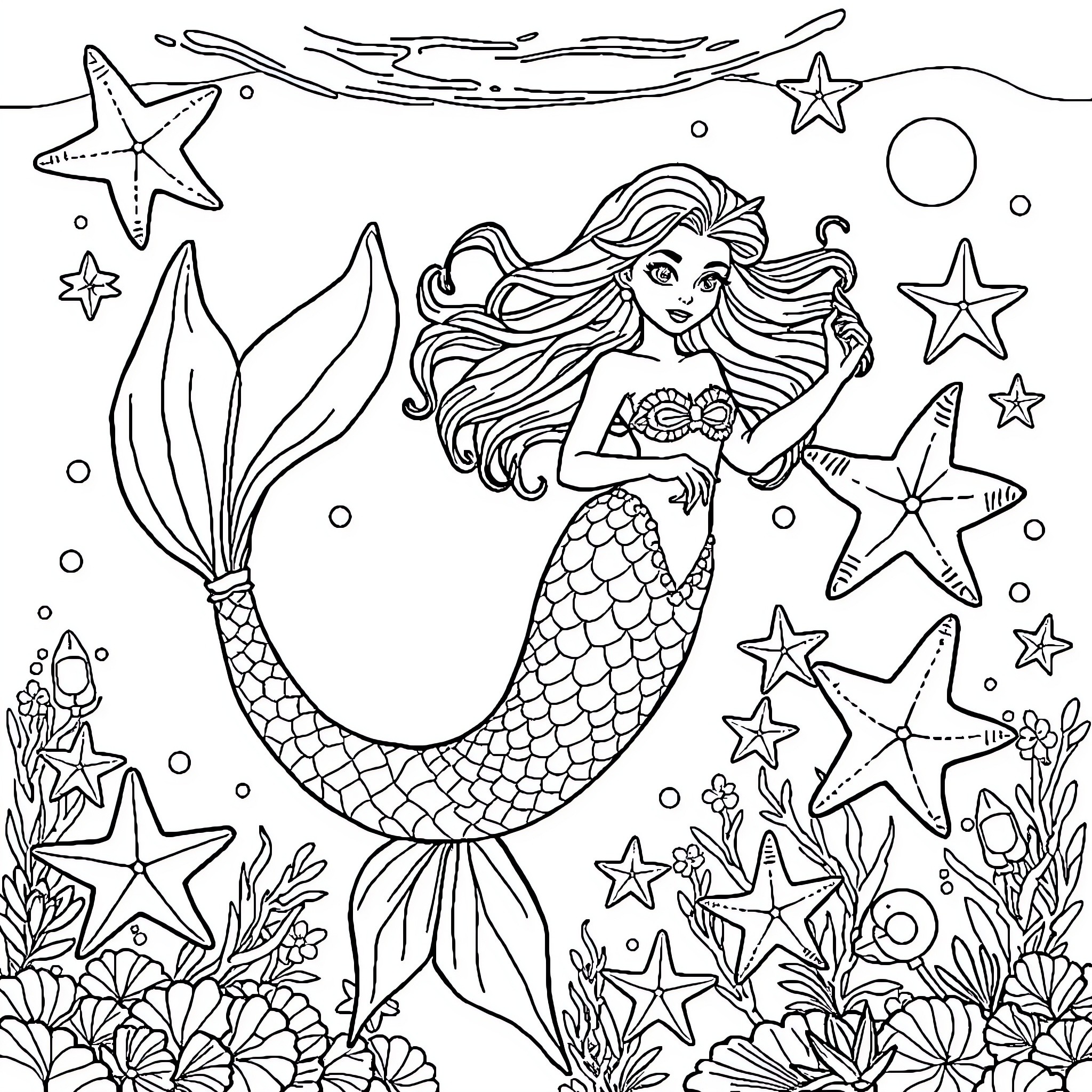 Mermaid exploring the enchanting underwater world Coloring Page (free black-and-white line drawing printable PDF for all, from beginners to advanced learners, including children, teens, adults, and seniors)