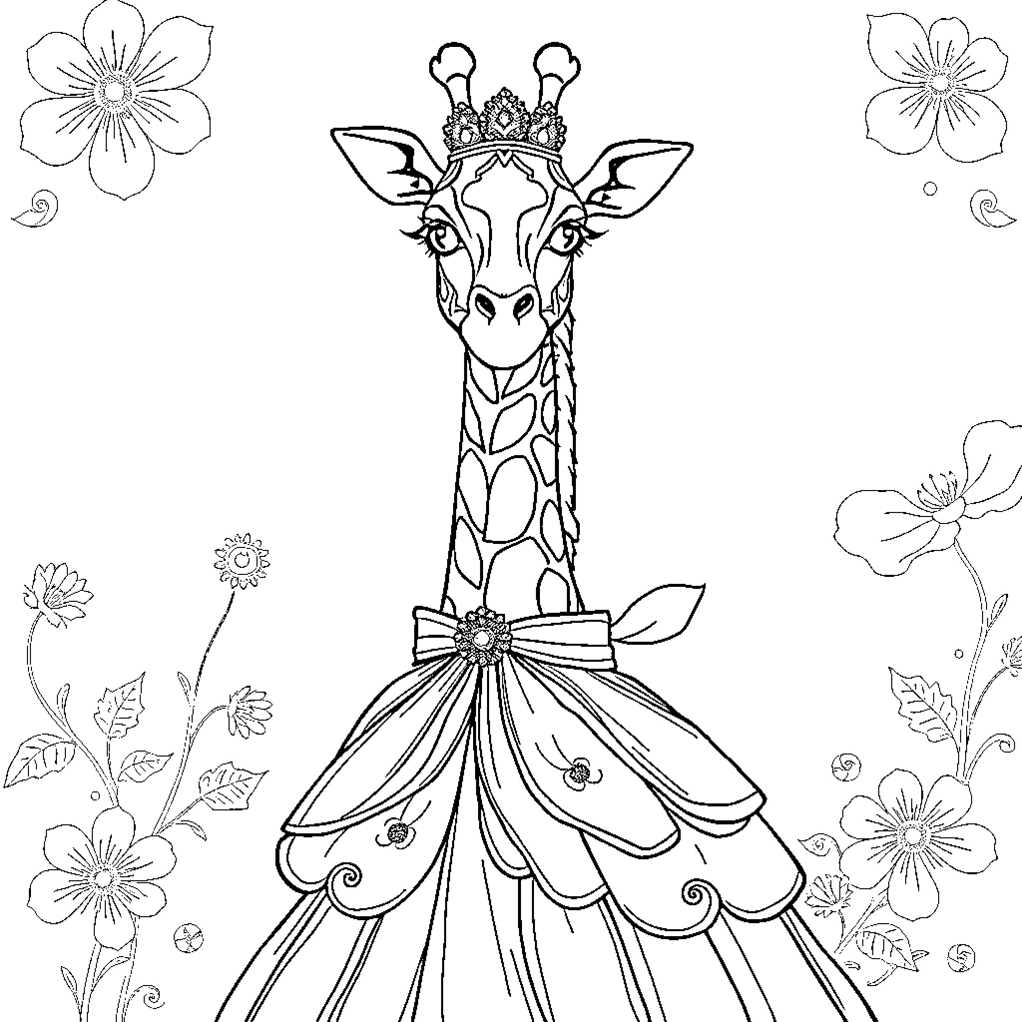 Giraffe wearing a crown and ornate dress amidst flowers Coloring Page (free black-and-white line drawing printable PDF for all, from beginners to advanced learners, including children, teens, adults, and seniors)