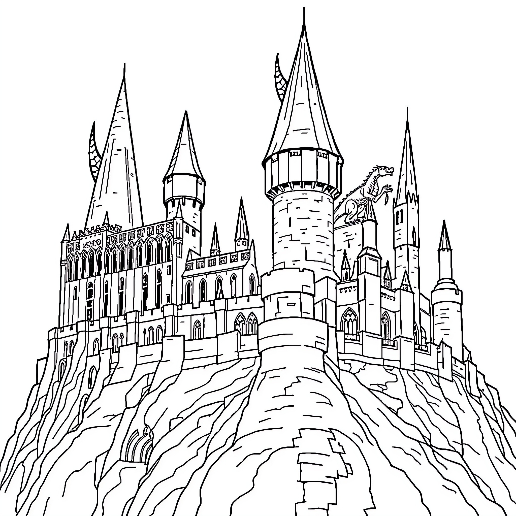 Hogwarts Castle - A Magical Architectural Wonder Coloring Page (free black-and-white line drawing printable PDF for all, from beginners to advanced learners, including children, teens, adults, and seniors)