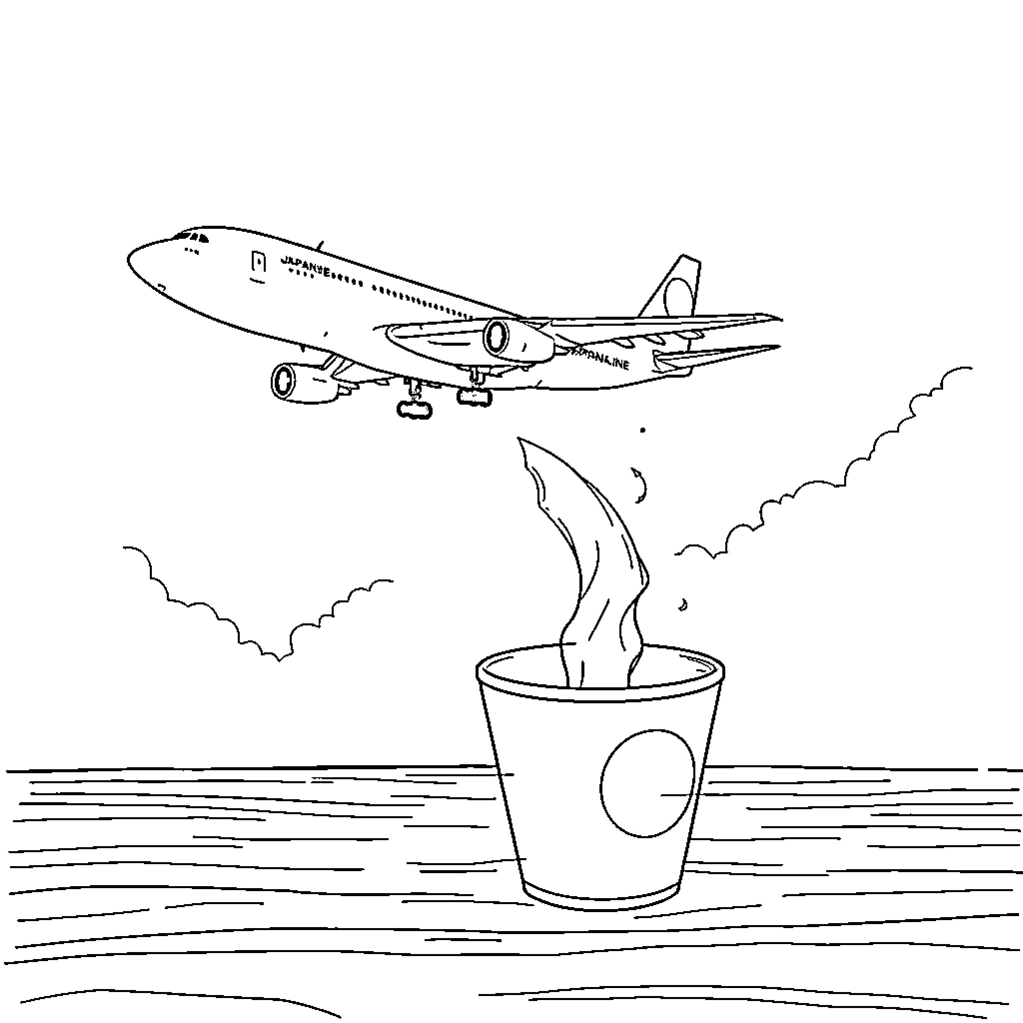 Airplane taking off over a cup of fire Coloring Page (free black-and-white line drawing printable PDF for all, from beginners to advanced learners, including children, teens, adults, and seniors)