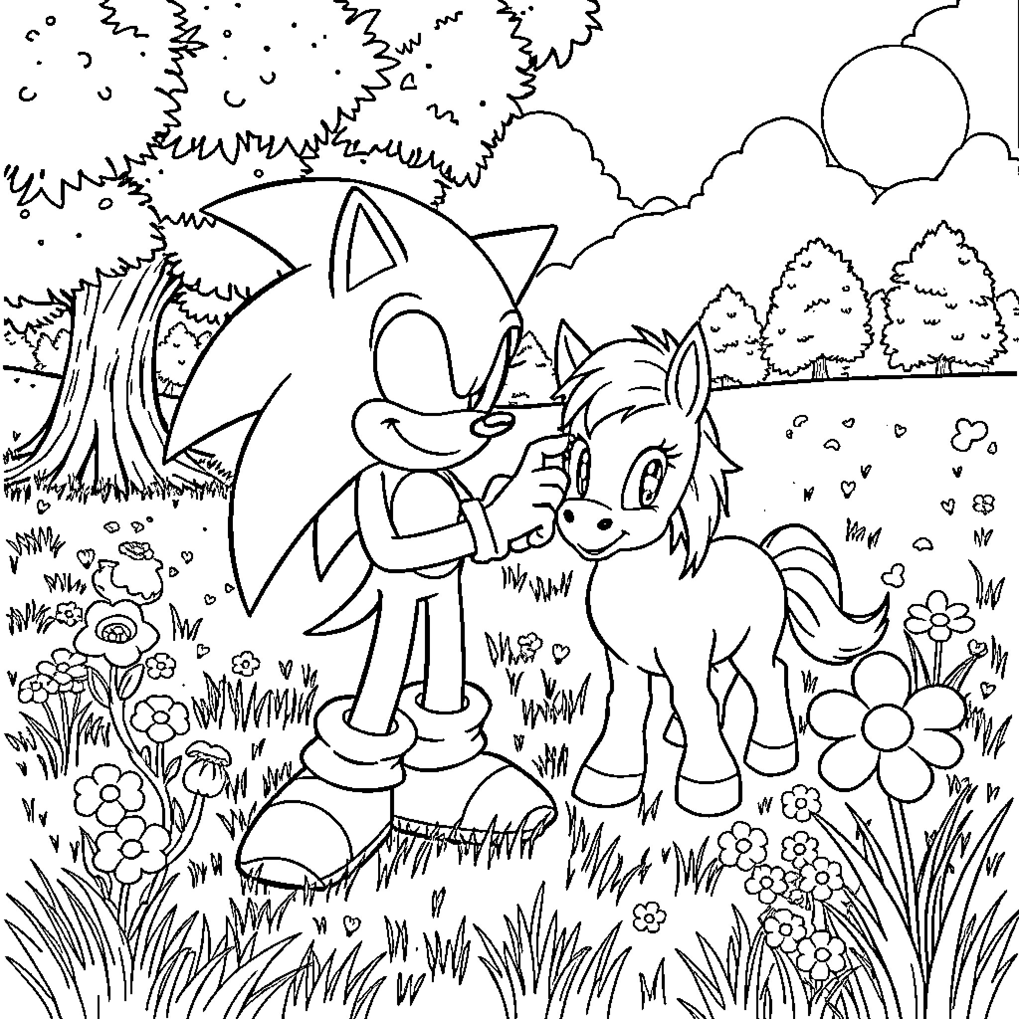 Sonic and friends explore the lush forest Coloring Page (free black-and-white line drawing printable PDF for all, from beginners to advanced learners, including children, teens, adults, and seniors)