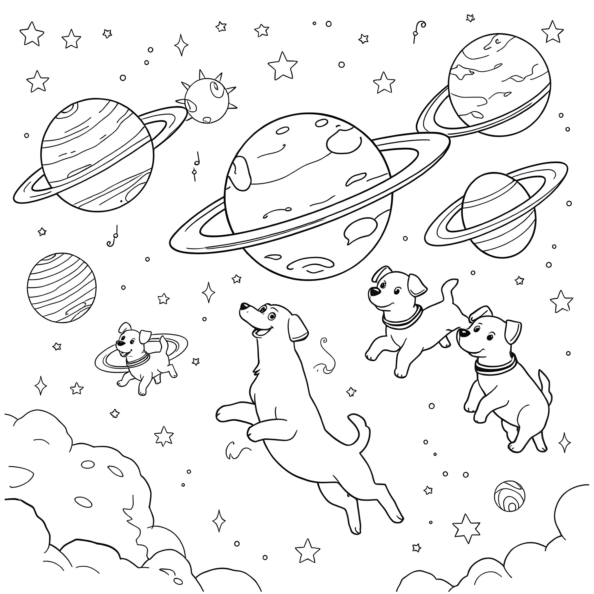 Dogs playing in the cosmos with planets Coloring Page (free black-and-white line drawing printable PDF for all, from beginners to advanced learners, including children, teens, adults, and seniors)