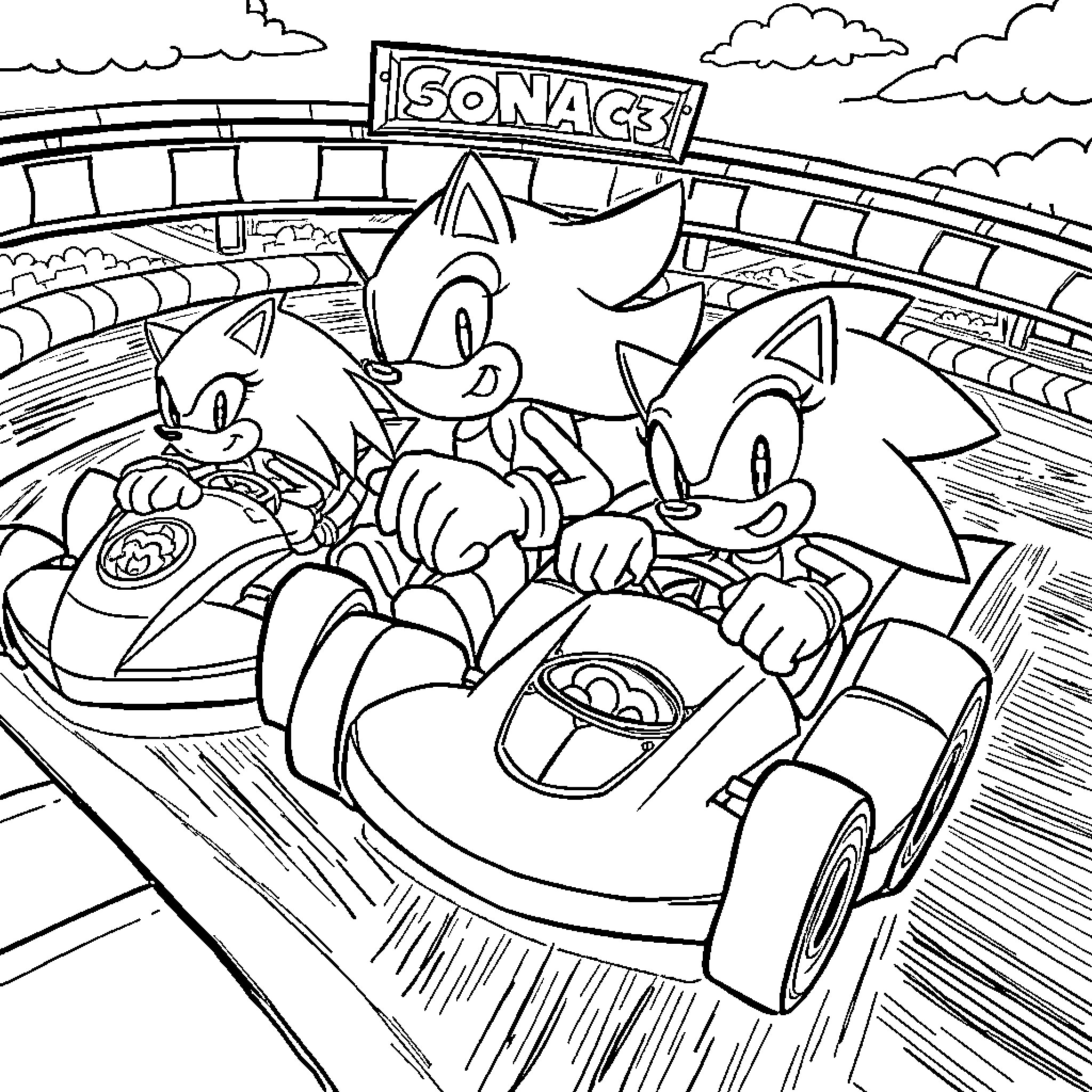 Sonic and friends enjoying a thrilling ride at the amusement park Coloring Page (free black-and-white line drawing printable PDF for all, from beginners to advanced learners, including children, teens, adults, and seniors)
