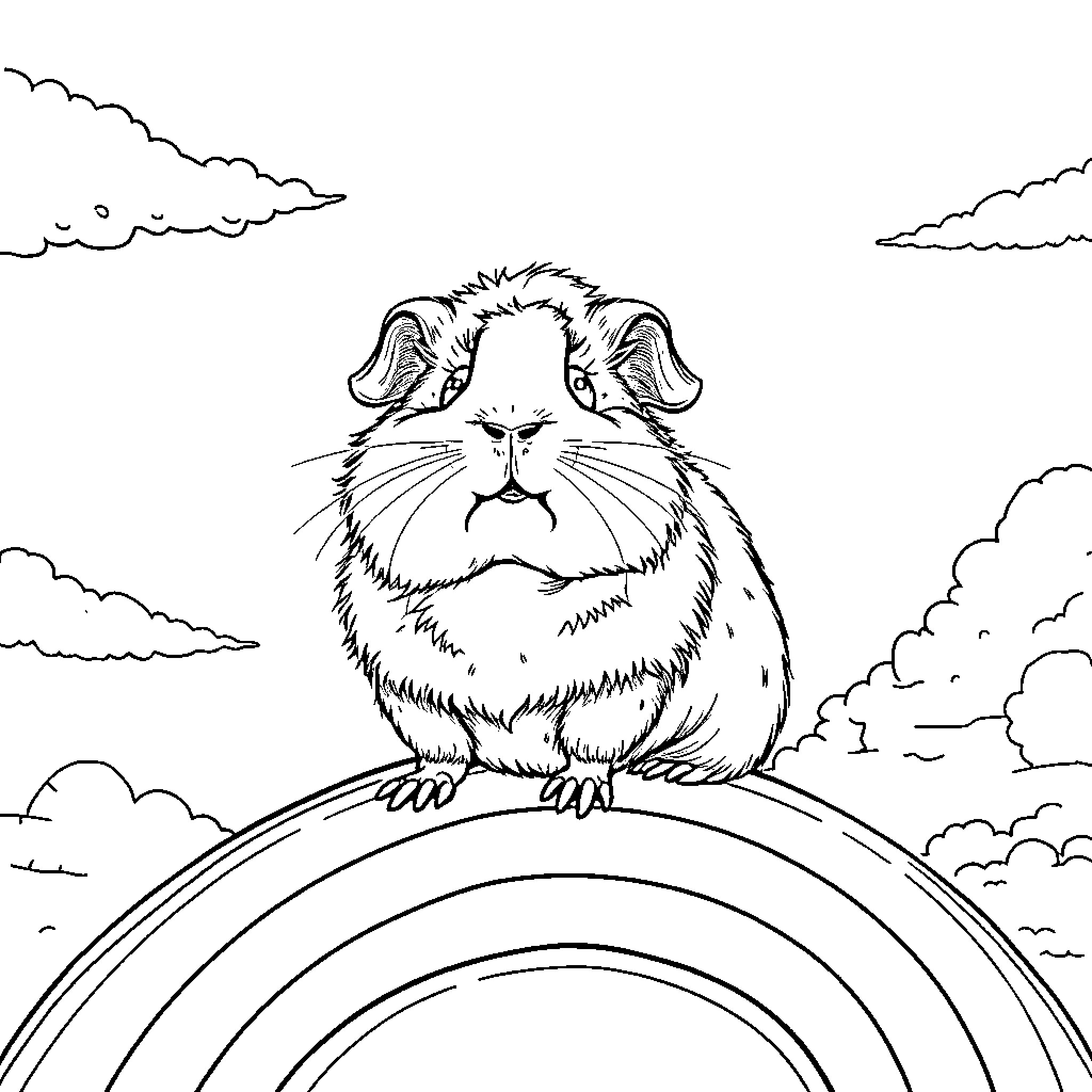 Guinea Pig perched on a rainbow Coloring Page (free black-and-white line drawing printable PDF for all, from beginners to advanced learners, including children, teens, adults, and seniors)