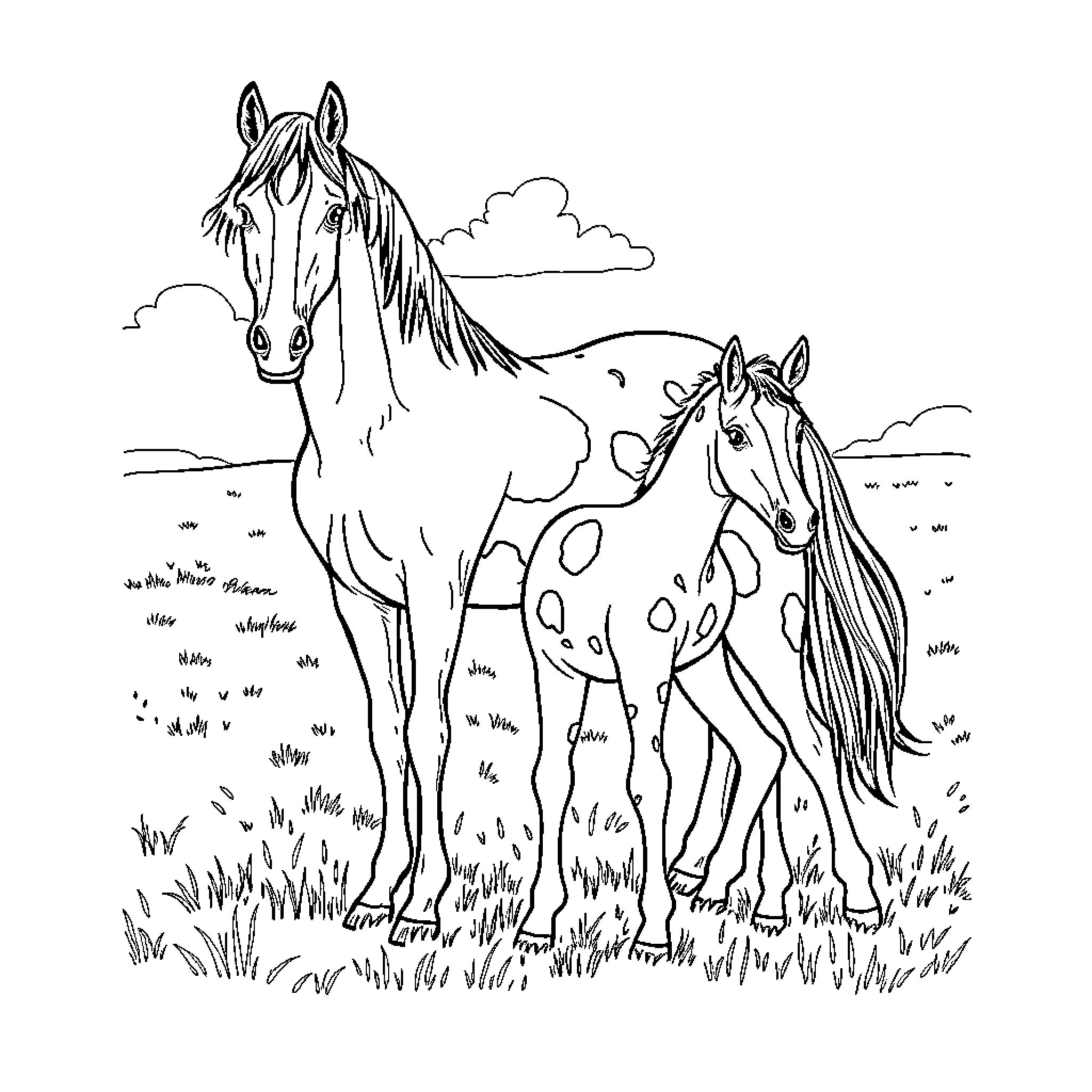 Horses grazing peacefully in a serene landscape Coloring Page (free black-and-white line drawing printable PDF for all, from beginners to advanced learners, including children, teens, adults, and seniors)