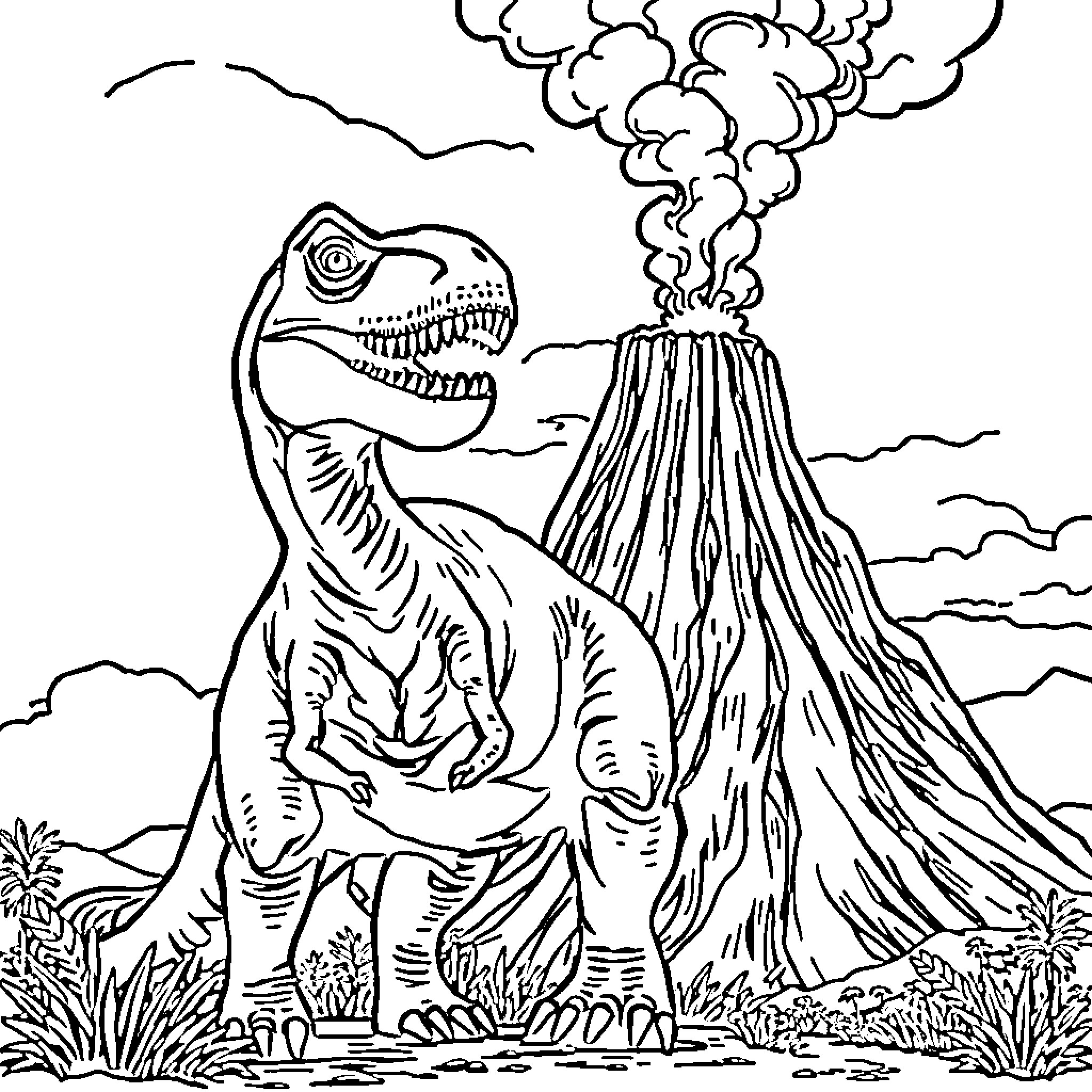 T-Rex Erupting from Volcanic Landscape Coloring Page (free black-and-white line drawing printable PDF for all, from beginners to advanced learners, including children, teens, adults, and seniors)