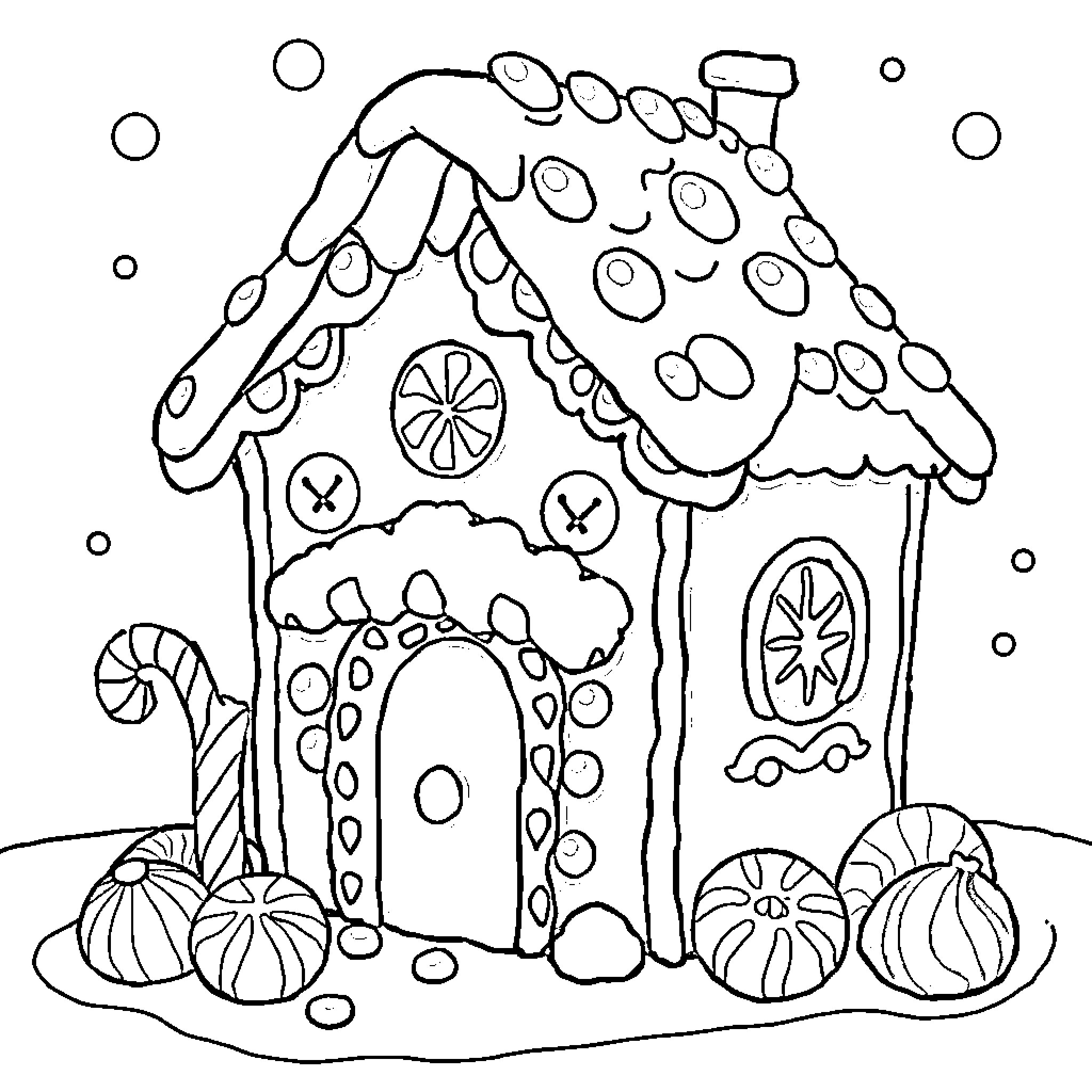 Gingerbread House with Whimsical Decorations Coloring Page (free black-and-white line drawing printable PDF for all, from beginners to advanced learners, including children, teens, adults, and seniors)