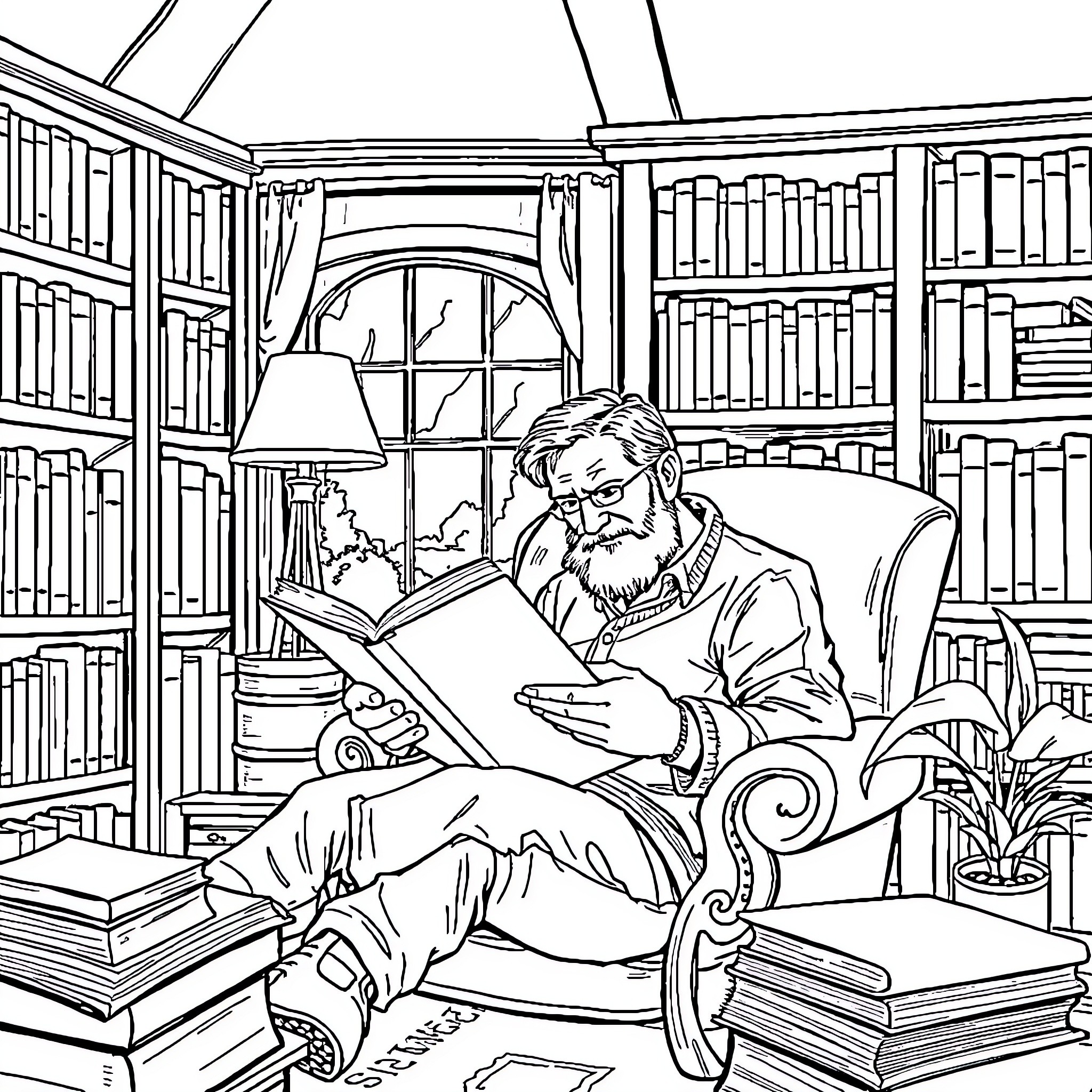Ulf Kristersson reading intently in a cozy library Coloring Page (free black-and-white line drawing printable PDF for all, from beginners to advanced learners, including children, teens, adults, and seniors)