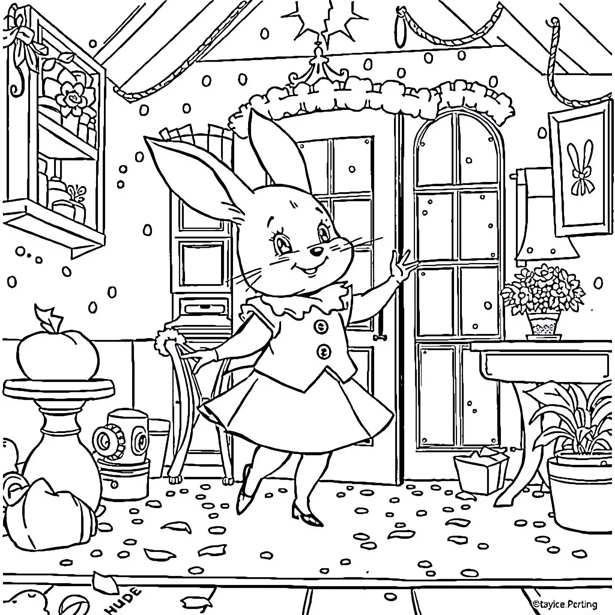 Cinderella's Whimsical Winter Wonderland Coloring Page (free black-and-white line drawing printable PDF for all, from beginners to advanced learners, including children, teens, adults, and seniors)