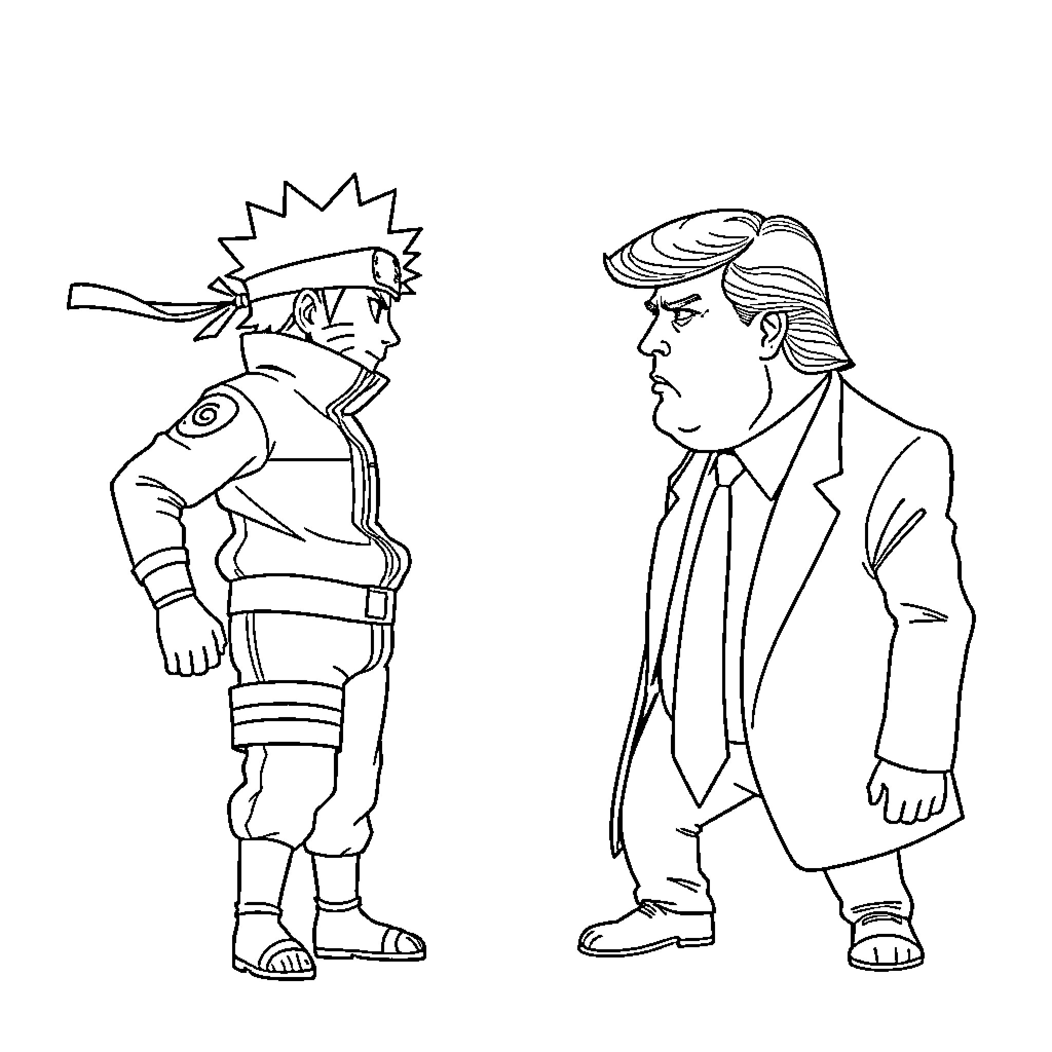 Naruto and Trump in Animated Crossover Coloring Page (free black-and-white line drawing printable PDF for all, from beginners to advanced learners, including children, teens, adults, and seniors)