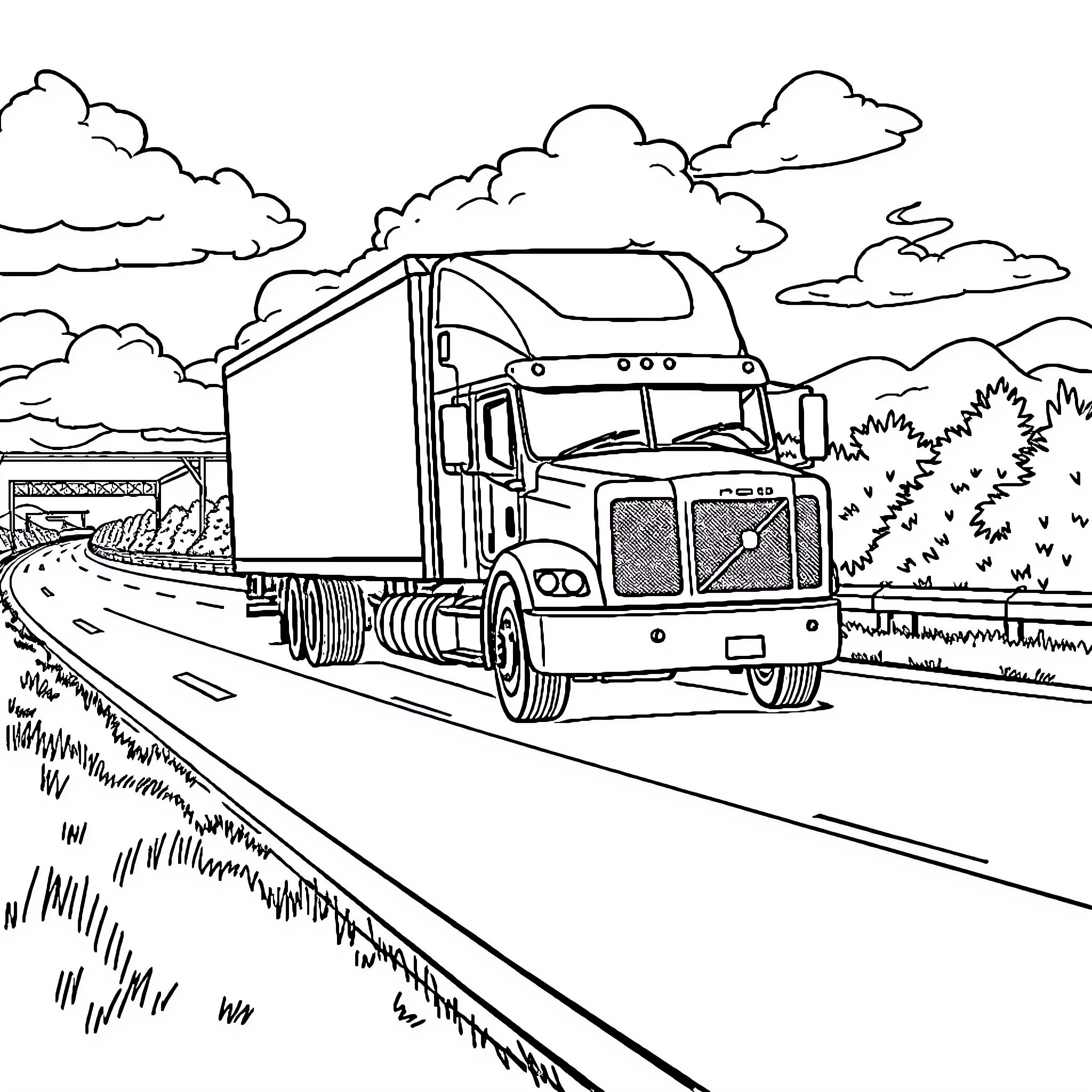 Truck driving along a winding road through a countryside landscape Coloring Page (free black-and-white line drawing printable PDF for all, from beginners to advanced learners, including children, teens, adults, and seniors)