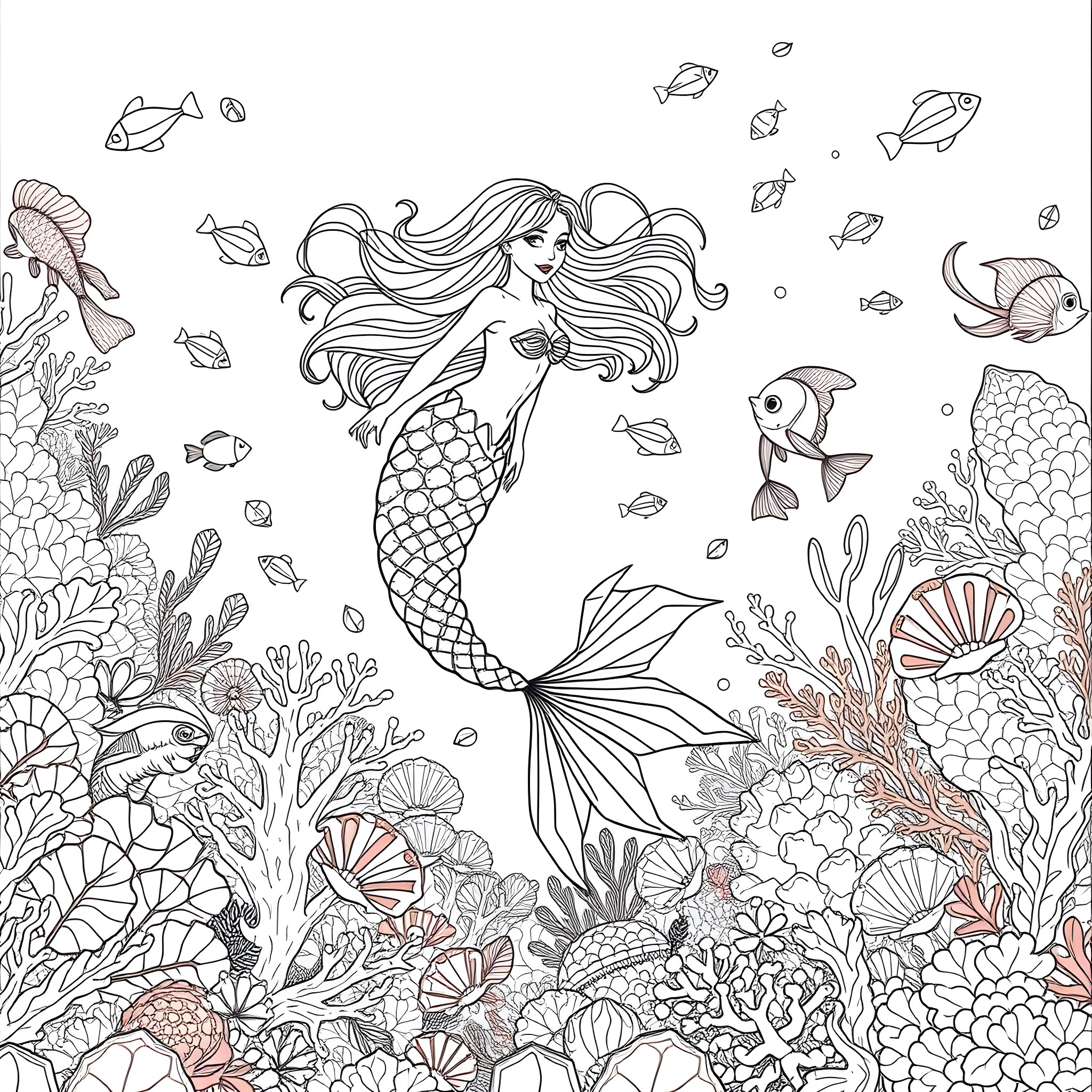 Mermaid swimming among colorful underwater sea creatures Coloring Page (free black-and-white line drawing printable PDF for all, from beginners to advanced learners, including children, teens, adults, and seniors)