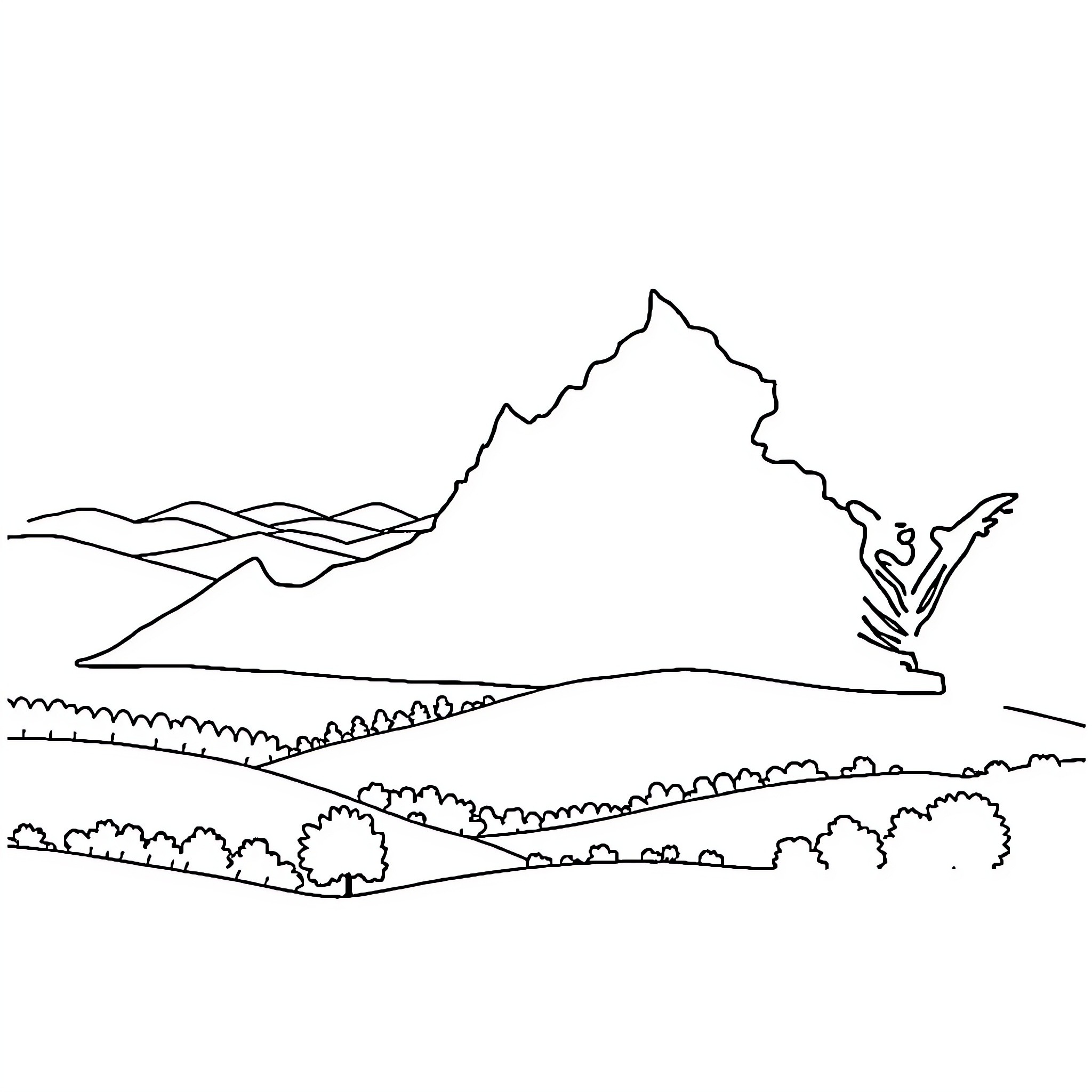 Virginia Scenic Mountain Landscape Illustration Coloring Page (free black-and-white line drawing printable PDF for all, from beginners to advanced learners, including children, teens, adults, and seniors)
