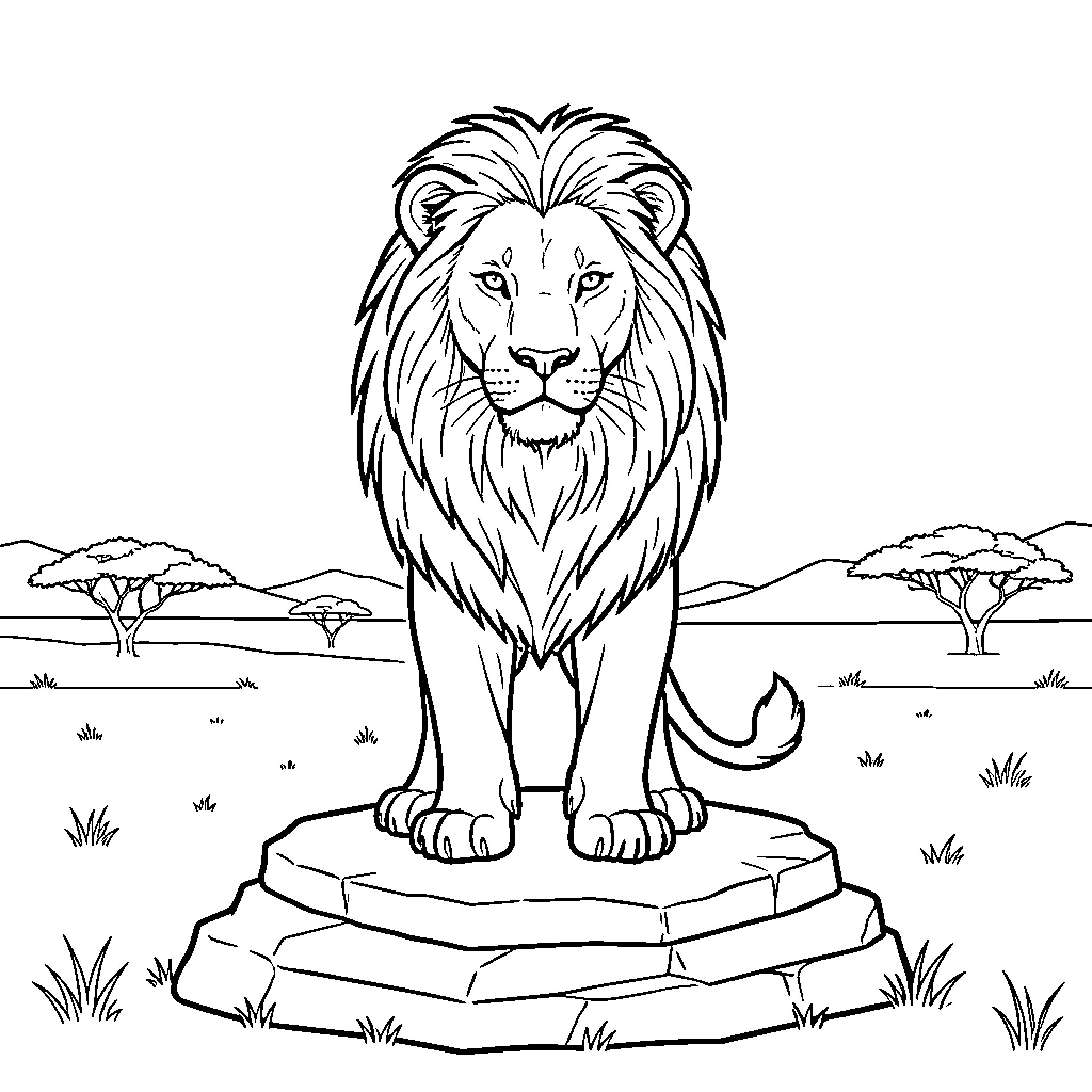 Lion standing majestically on a large rock Coloring Page (free black-and-white line drawing printable PDF for all, from beginners to advanced learners, including children, teens, adults, and seniors)