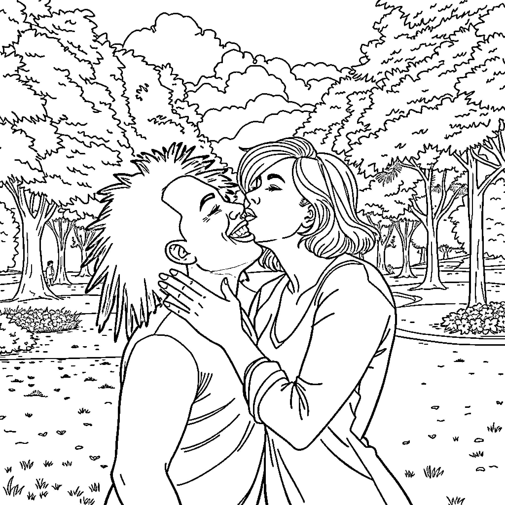 Woman embracing companion in outdoor park setting Coloring Page (free black-and-white line drawing printable PDF for all, from beginners to advanced learners, including children, teens, adults, and seniors)