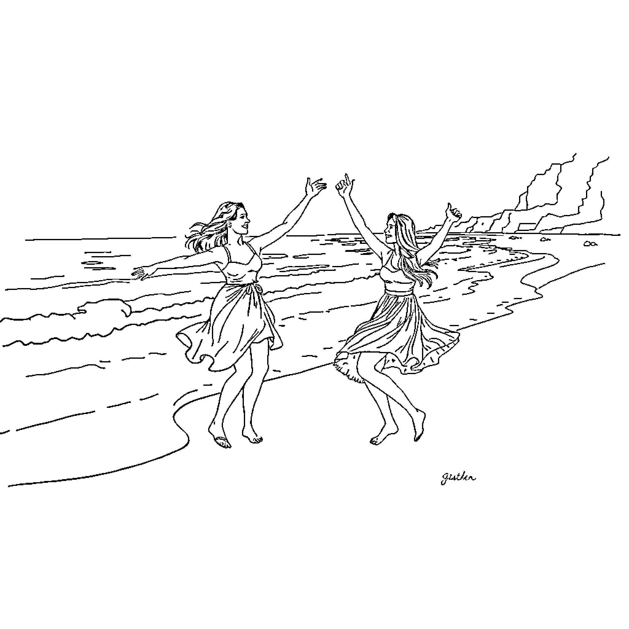 Tralalero: Dancing Figures on the Beach Coloring Page (free black-and-white line drawing printable PDF for all, from beginners to advanced learners, including children, teens, adults, and seniors)